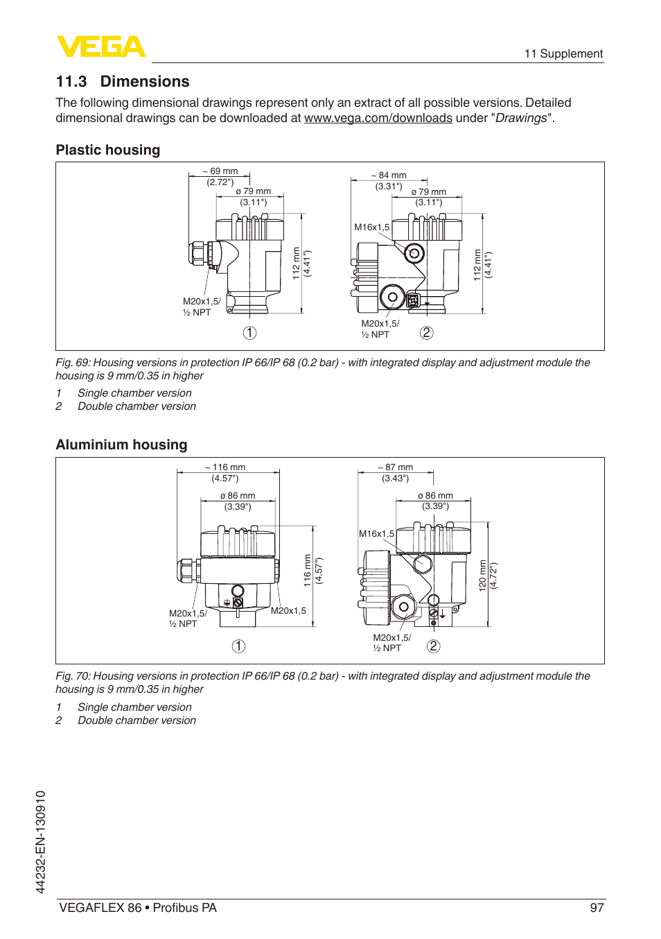 3 dimensions, Plastic housing, Aluminium housing | VEGA VEGAFLEX 86 Profibus PA User Manual | Page 97 / 108