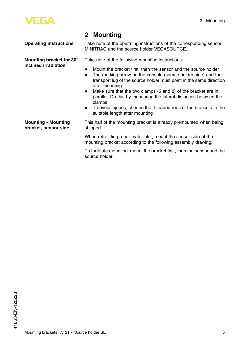 2 mounting, 2mounting | VEGA KV 31 Mounting brackets For tubes with ø 50…100 mm User Manual | Page 5 / 20