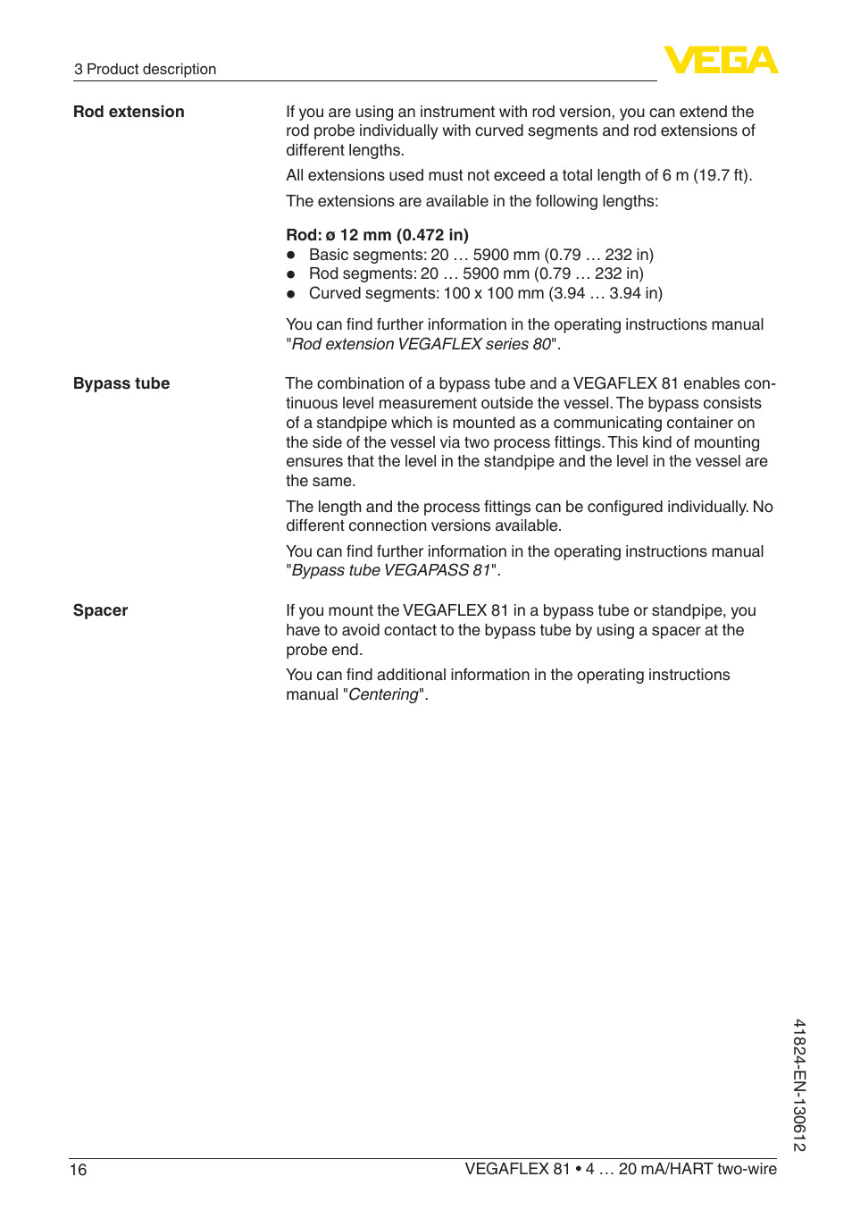 VEGA VEGAFLEX 81 4 … 20 mA_HART two-wire User Manual | Page 16 / 100