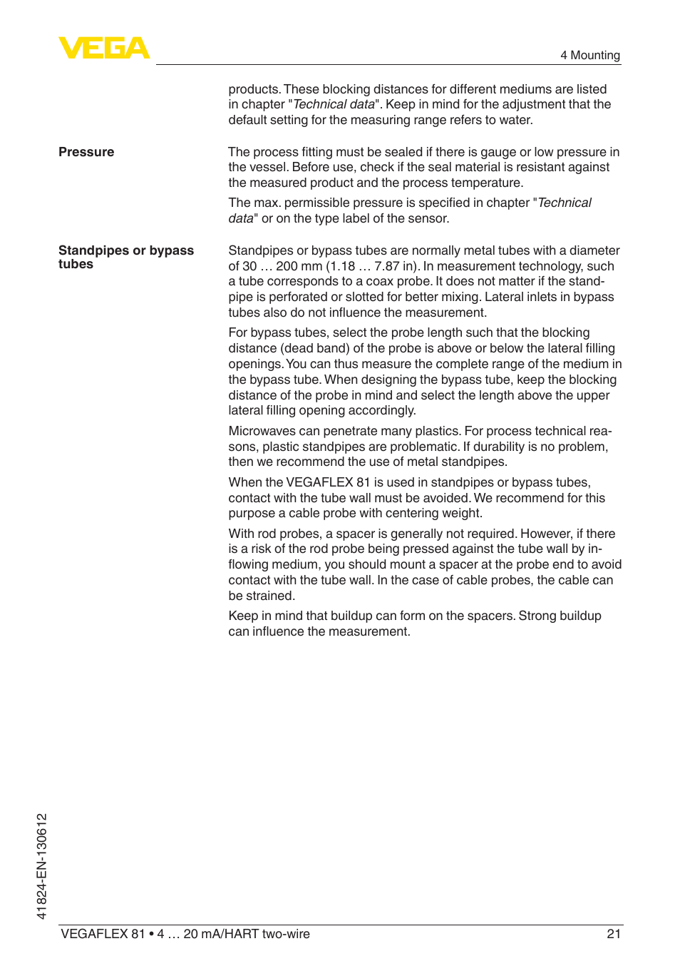 VEGA VEGAFLEX 81 4 … 20 mA_HART two-wire User Manual | Page 21 / 100