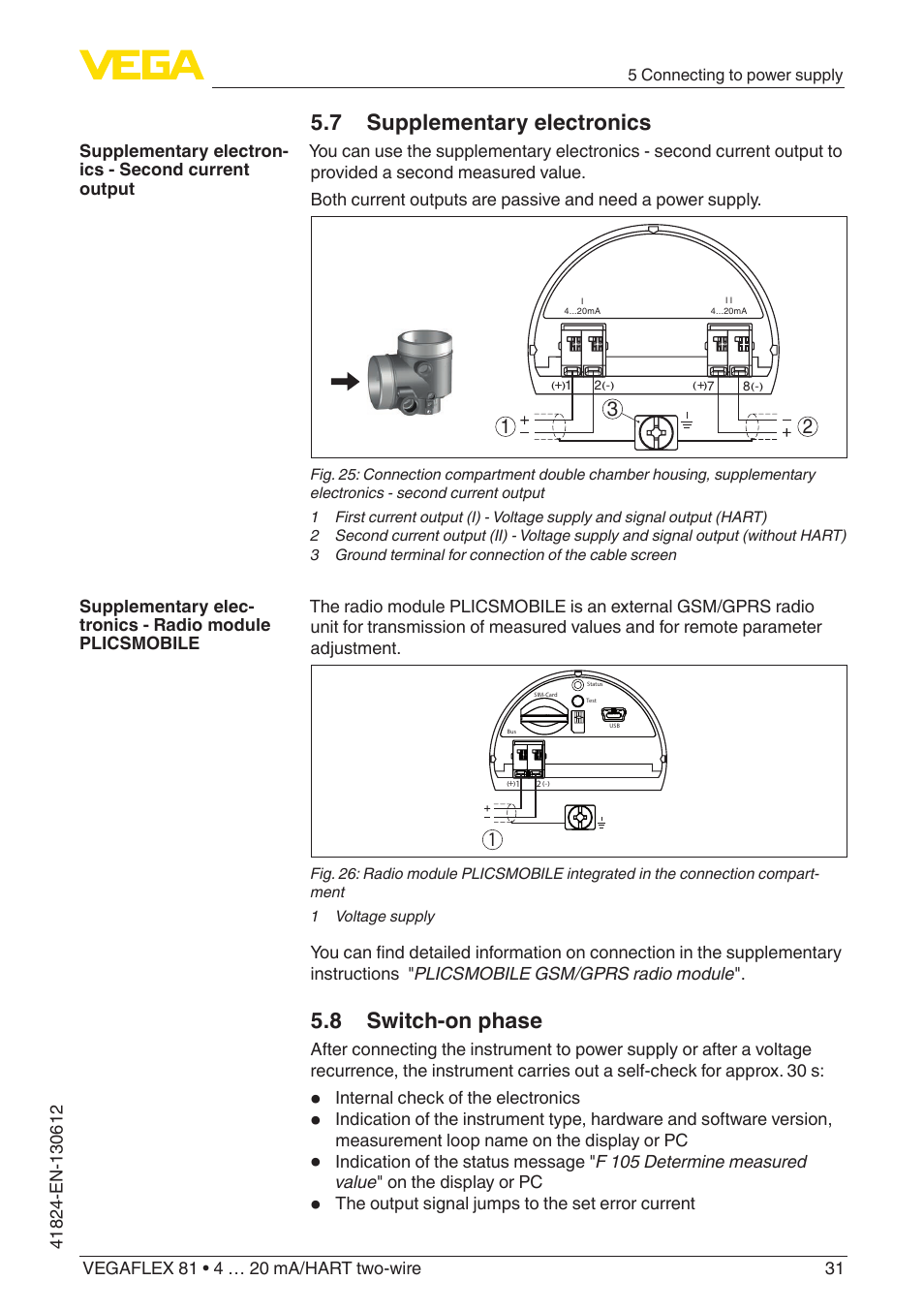 7 supplementary electronics, 8 switch-on phase | VEGA VEGAFLEX 81 4 … 20 mA_HART two-wire User Manual | Page 31 / 100