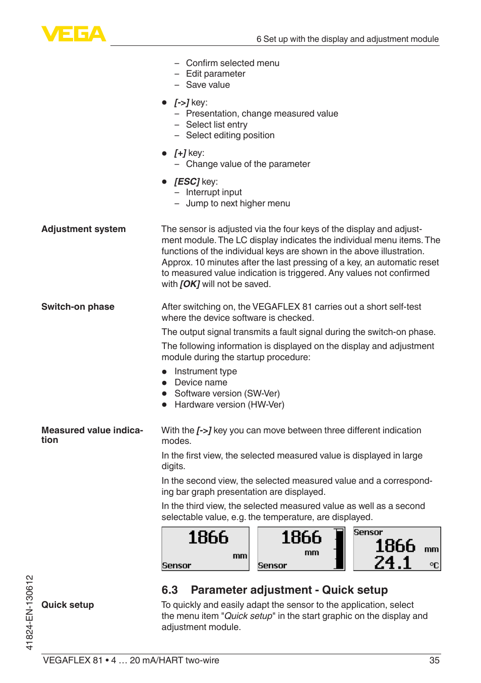3 parameter adjustment - quick setup | VEGA VEGAFLEX 81 4 … 20 mA_HART two-wire User Manual | Page 35 / 100