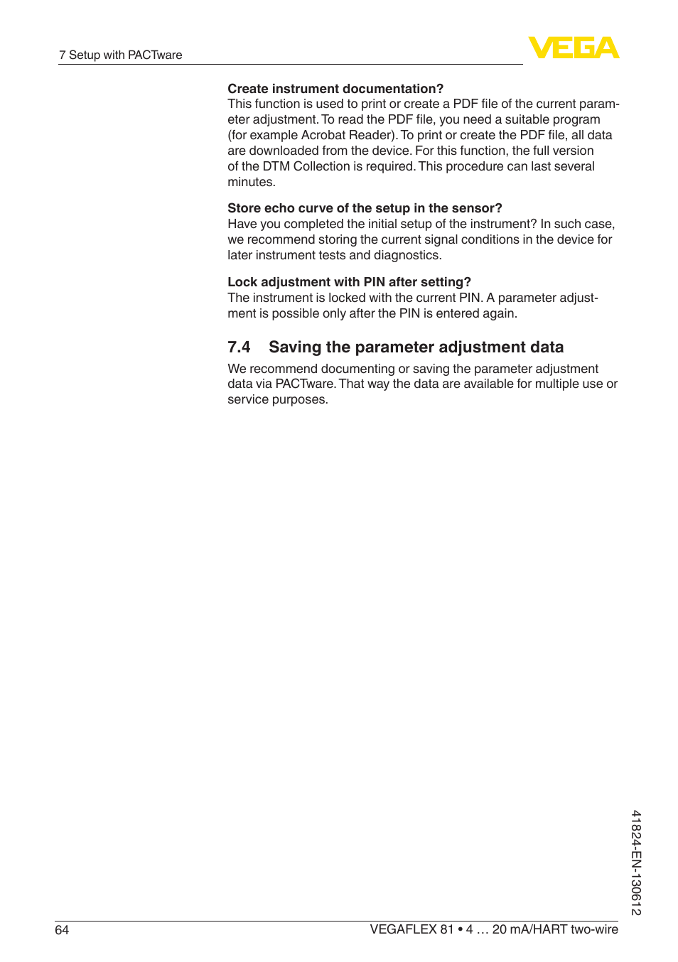 4 saving the parameter adjustment data | VEGA VEGAFLEX 81 4 … 20 mA_HART two-wire User Manual | Page 64 / 100