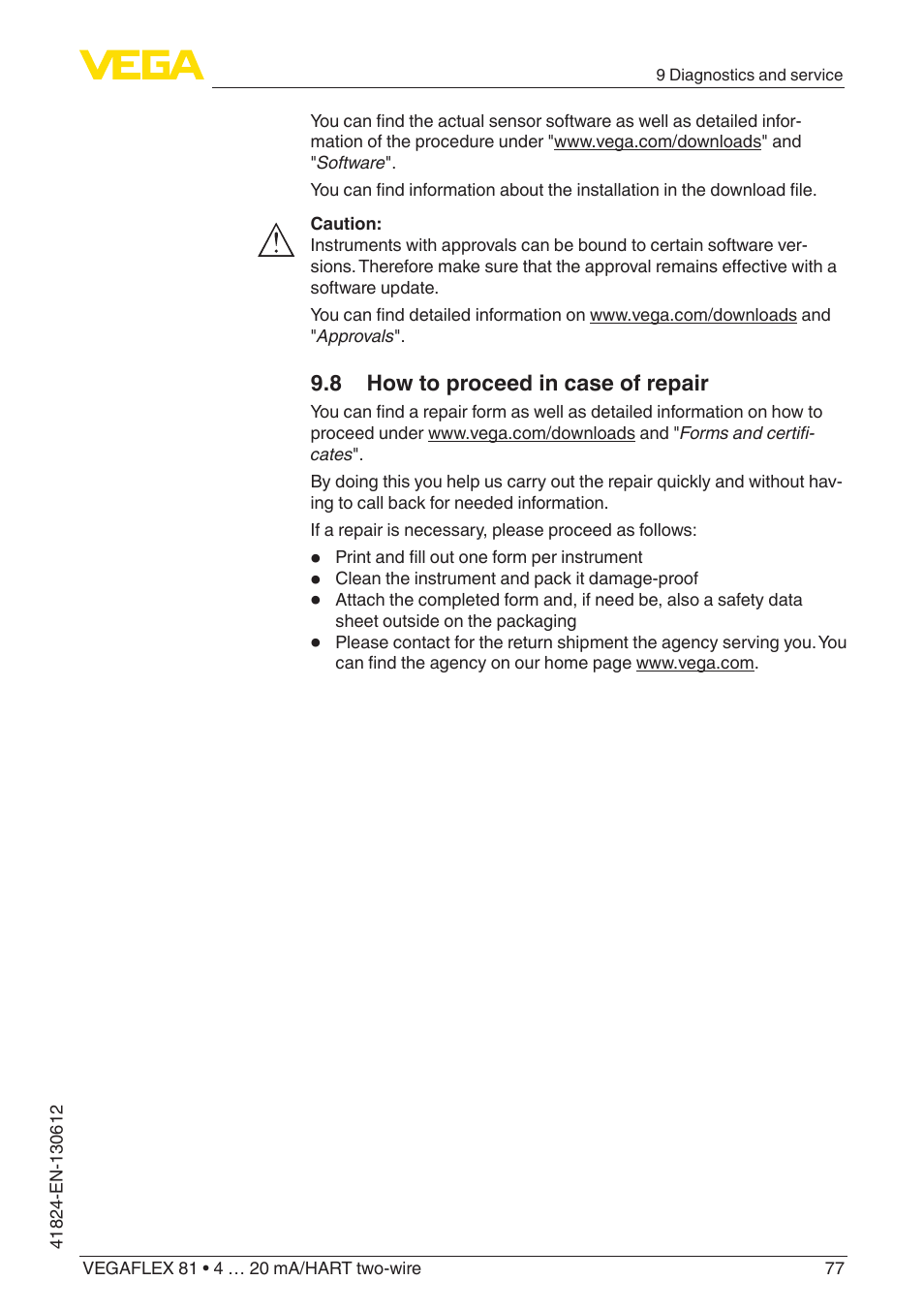 8 how to proceed in case of repair | VEGA VEGAFLEX 81 4 … 20 mA_HART two-wire User Manual | Page 77 / 100