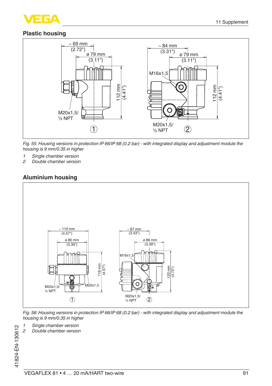 Plastic housing, Aluminium housing | VEGA VEGAFLEX 81 4 … 20 mA_HART two-wire User Manual | Page 91 / 100