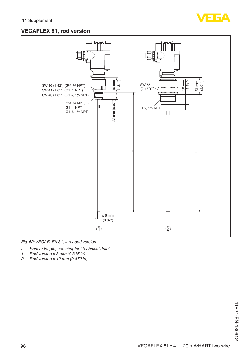 Vegaflex 81, rod version | VEGA VEGAFLEX 81 4 … 20 mA_HART two-wire User Manual | Page 96 / 100