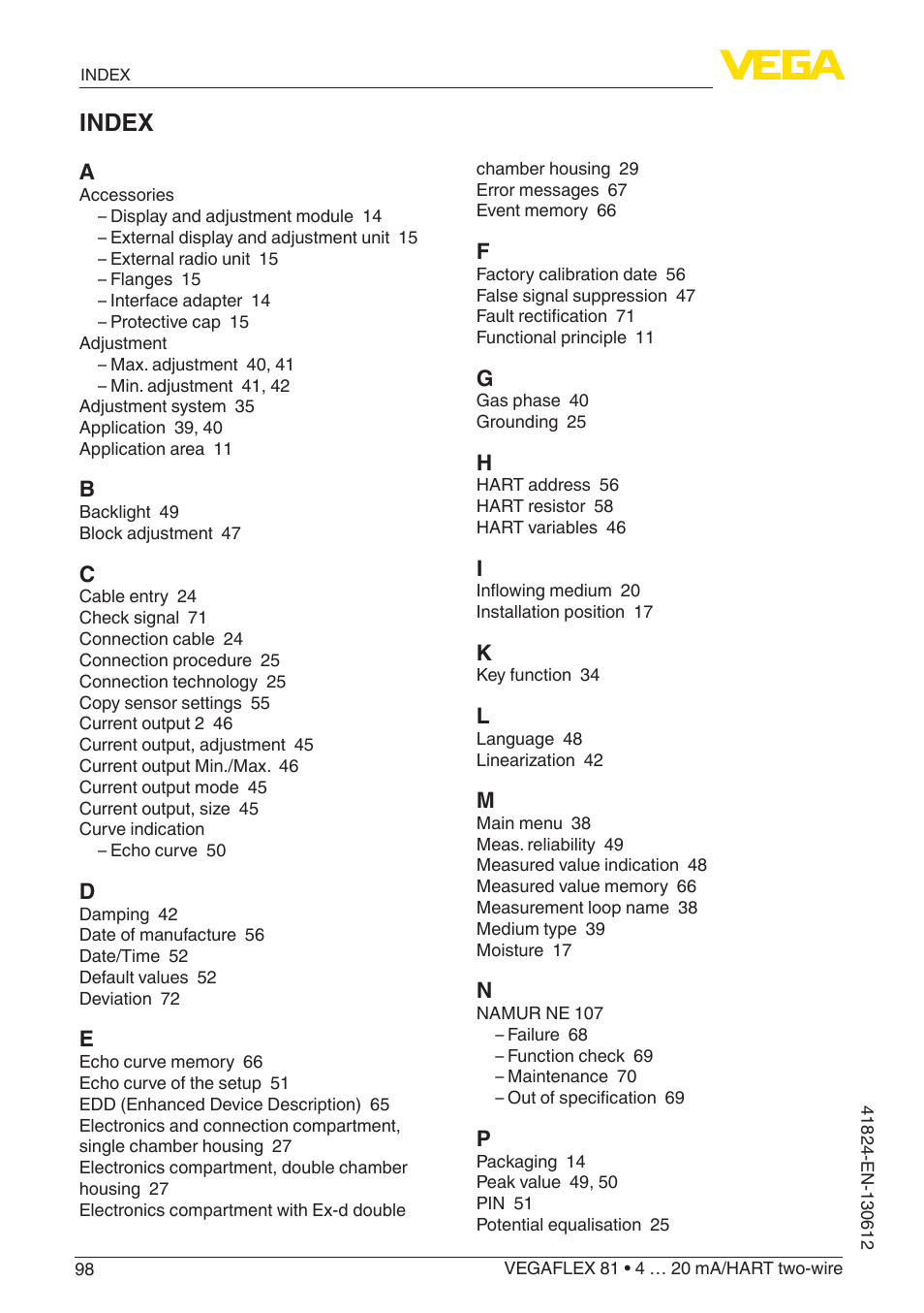 Index | VEGA VEGAFLEX 81 4 … 20 mA_HART two-wire User Manual | Page 98 / 100
