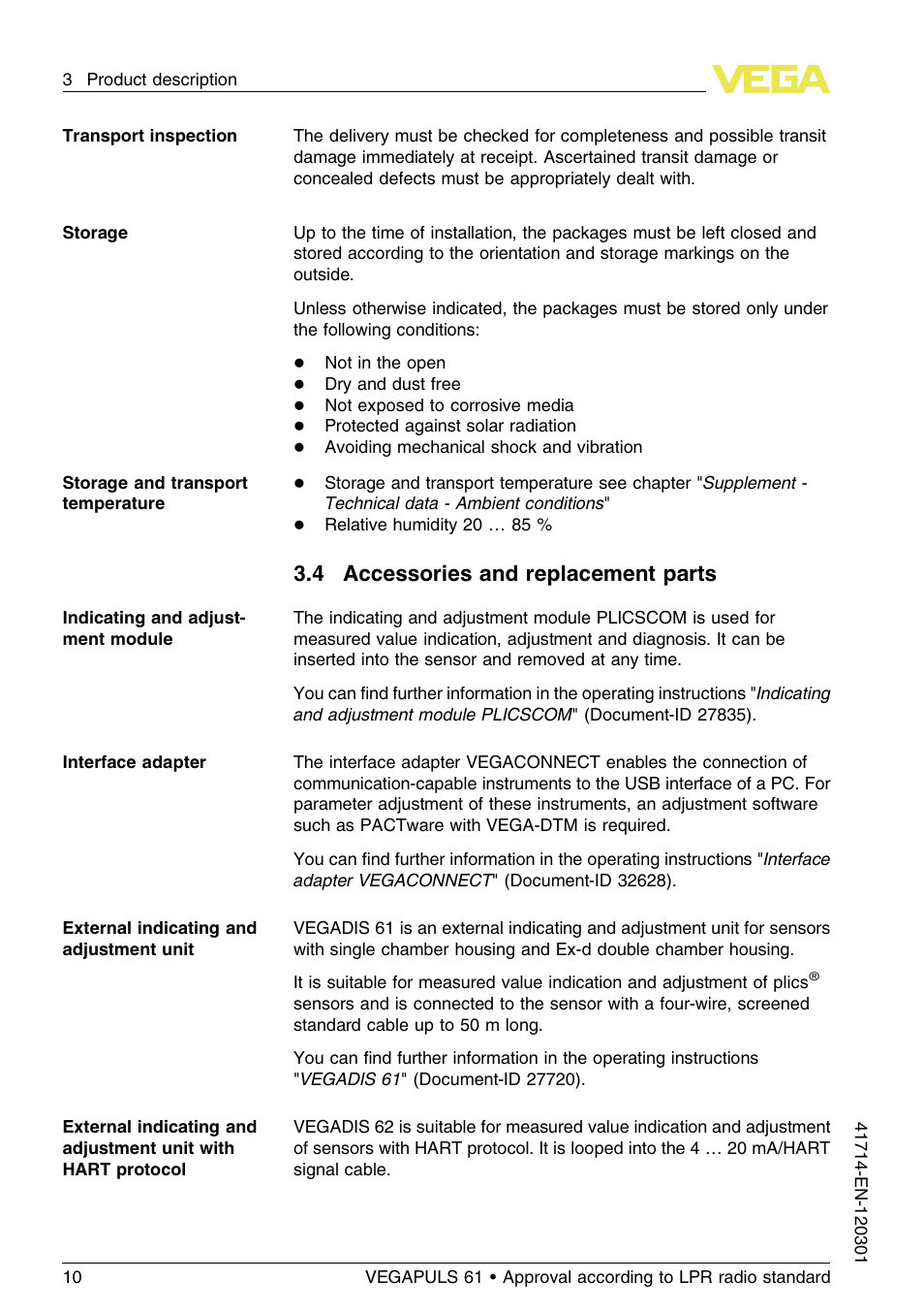4 accessories and replacement parts | VEGA VEGAPULS 61 (≥ 2.0.0 - ≥ 4.0.0) 4 … 20 mA_HART four-wire Approval according to LPR radio standard User Manual | Page 10 / 80