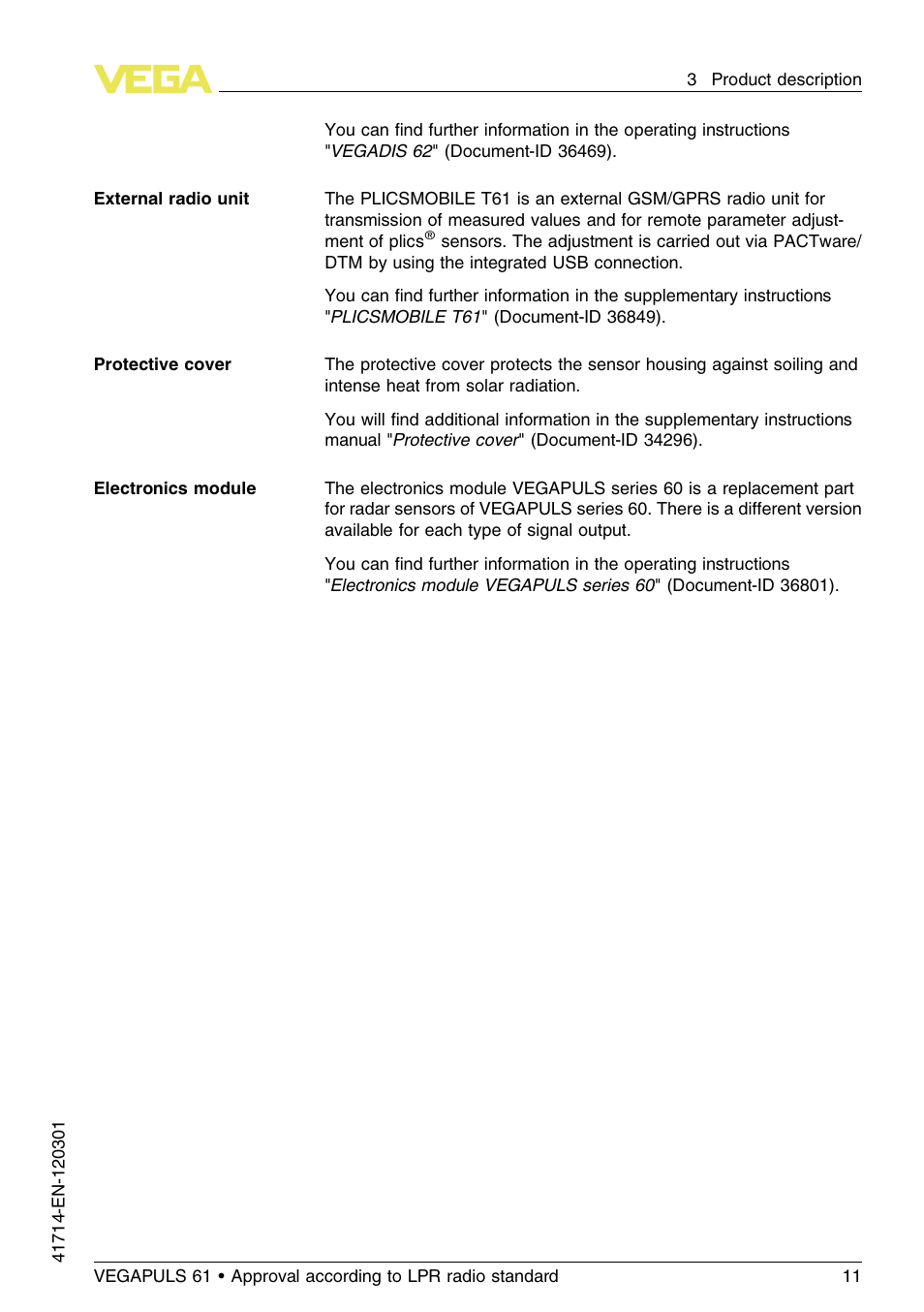 VEGA VEGAPULS 61 (≥ 2.0.0 - ≥ 4.0.0) 4 … 20 mA_HART four-wire Approval according to LPR radio standard User Manual | Page 11 / 80