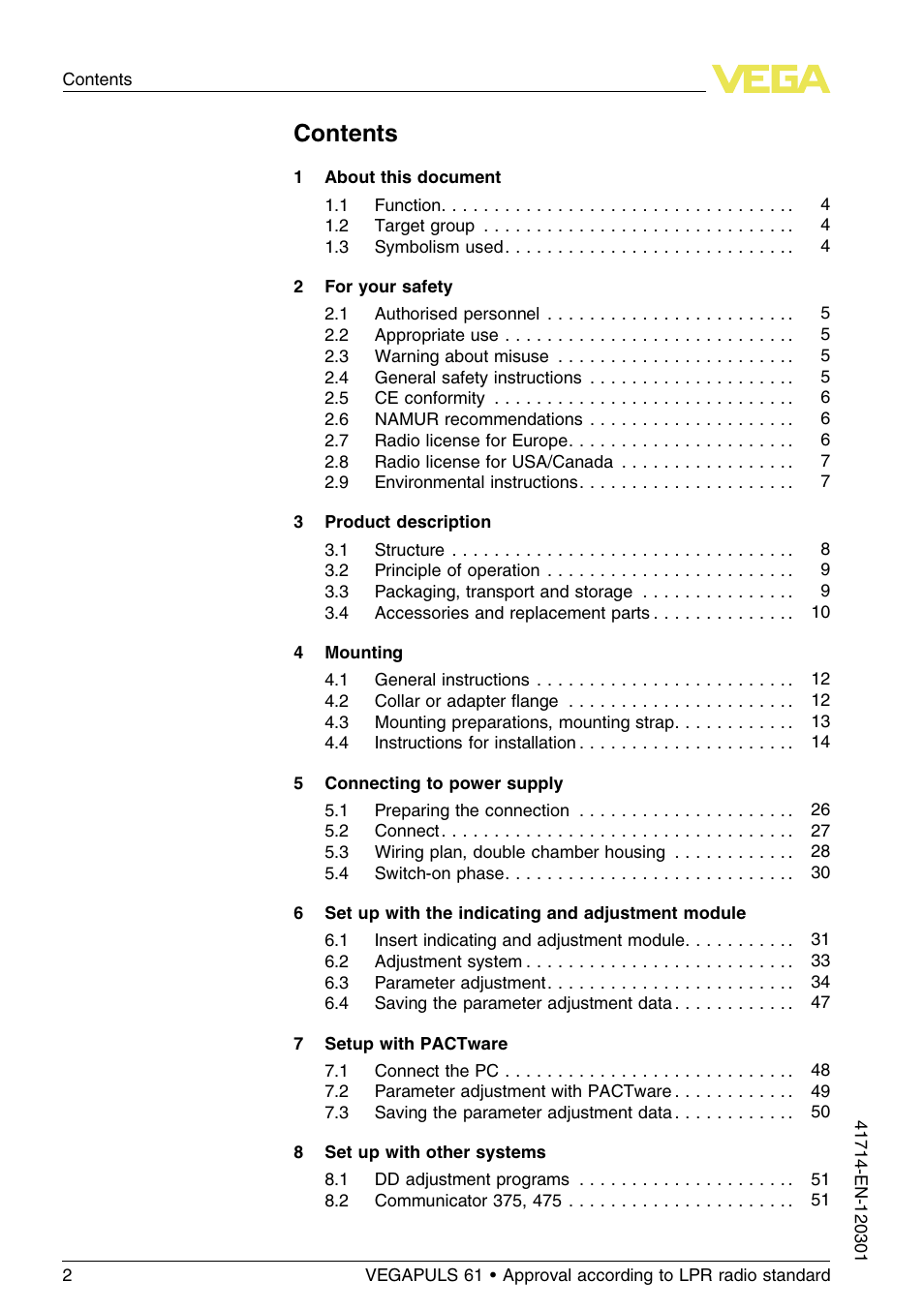 VEGA VEGAPULS 61 (≥ 2.0.0 - ≥ 4.0.0) 4 … 20 mA_HART four-wire Approval according to LPR radio standard User Manual | Page 2 / 80