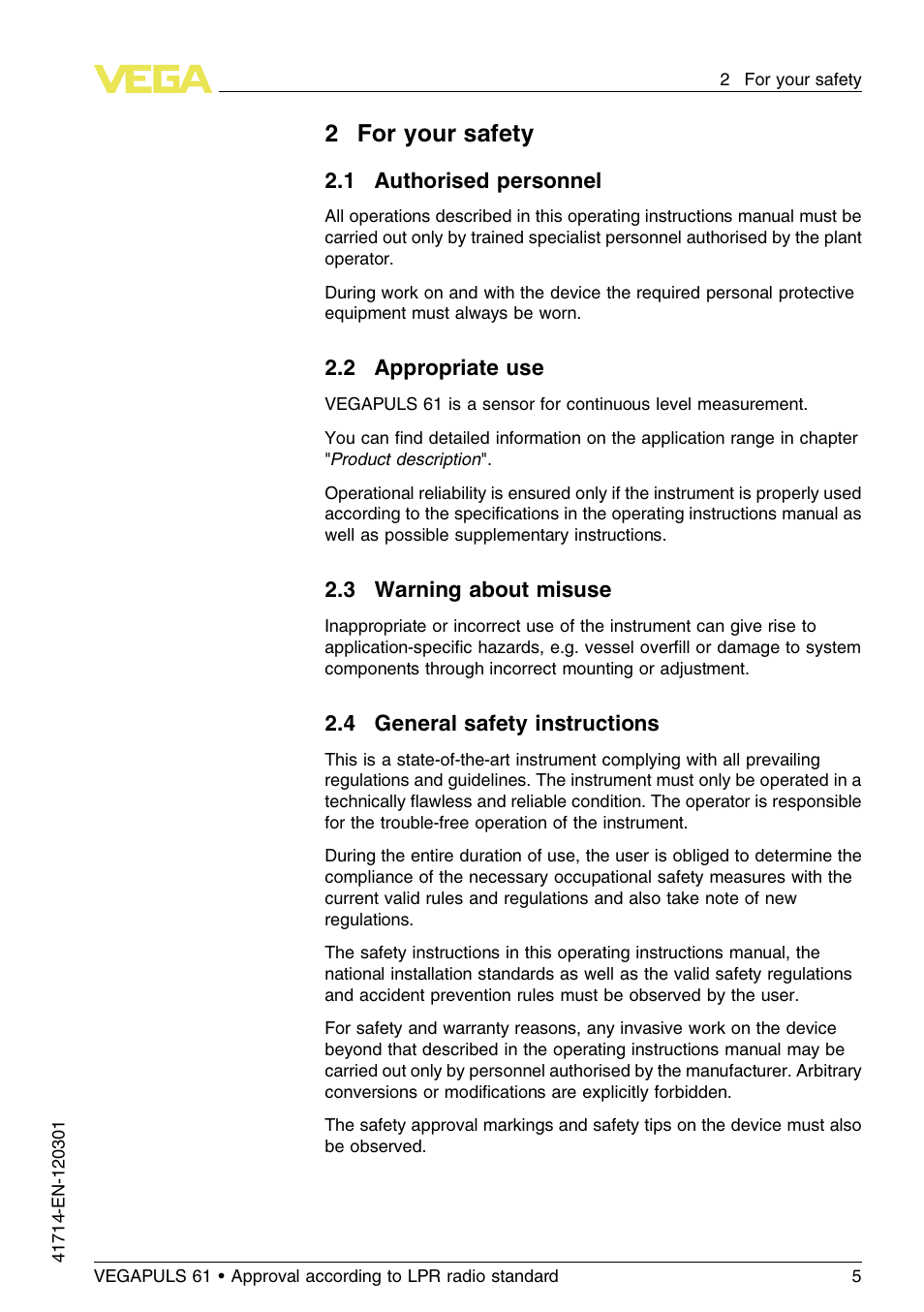 2 for your safety, 1 authorised personnel, 2 appropriate use | 3 warning about misuse, 4 general safety instructions, 2for your safety | VEGA VEGAPULS 61 (≥ 2.0.0 - ≥ 4.0.0) 4 … 20 mA_HART four-wire Approval according to LPR radio standard User Manual | Page 5 / 80