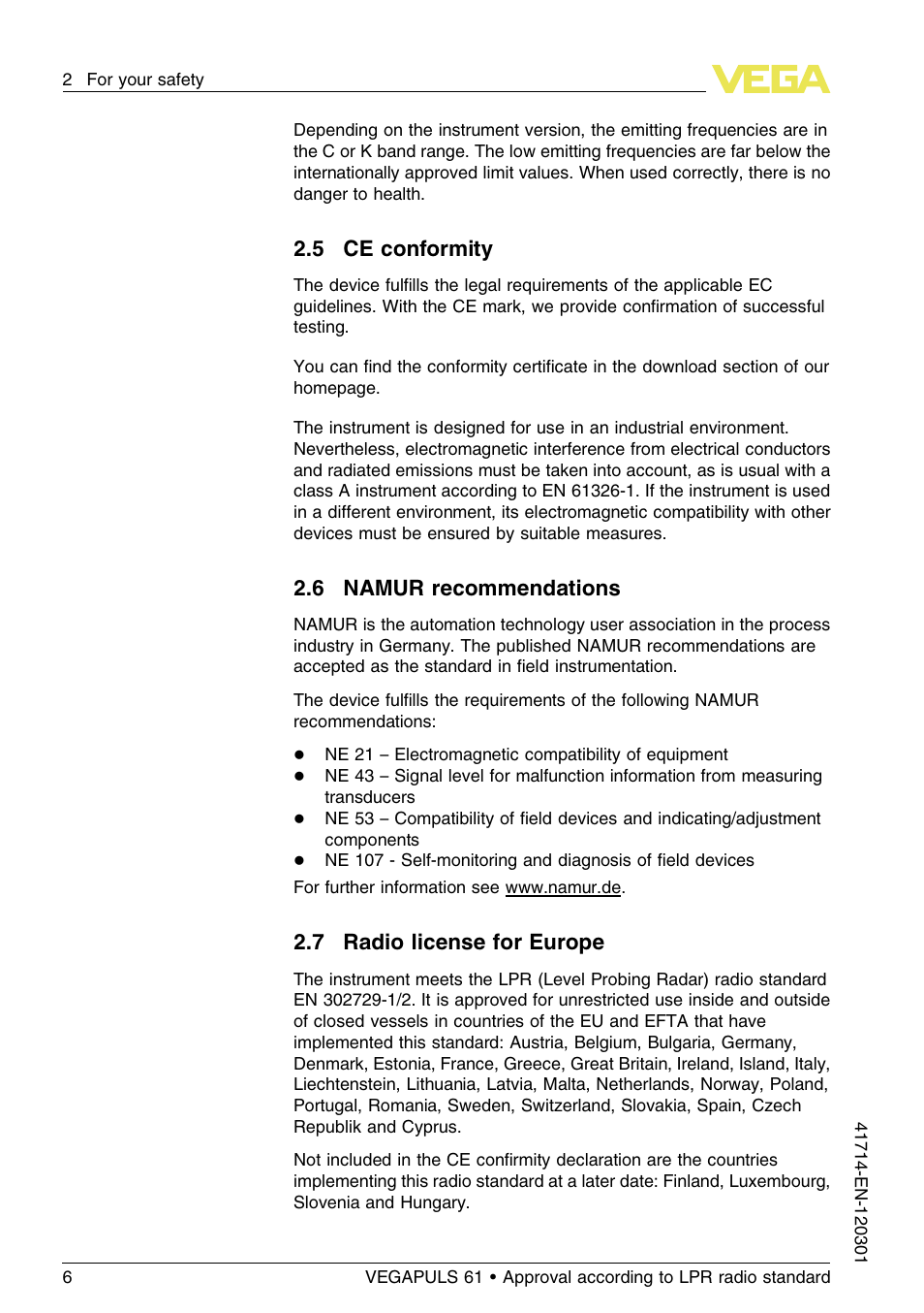 5 ce conformity, 6 namur recommendations, 7 radio license for europe | VEGA VEGAPULS 61 (≥ 2.0.0 - ≥ 4.0.0) 4 … 20 mA_HART four-wire Approval according to LPR radio standard User Manual | Page 6 / 80