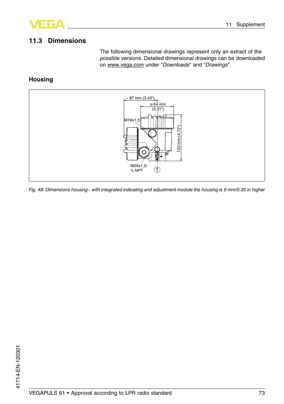 11 .3 dimensions, Housing 1 | VEGA VEGAPULS 61 (≥ 2.0.0 - ≥ 4.0.0) 4 … 20 mA_HART four-wire Approval according to LPR radio standard User Manual | Page 73 / 80