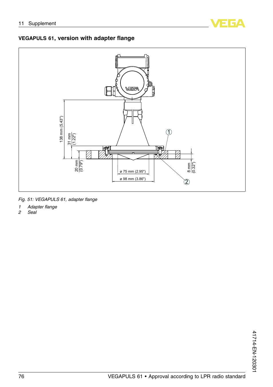 Version with adapter ﬂange 2 1, Vegapuls 61 | VEGA VEGAPULS 61 (≥ 2.0.0 - ≥ 4.0.0) 4 … 20 mA_HART four-wire Approval according to LPR radio standard User Manual | Page 76 / 80