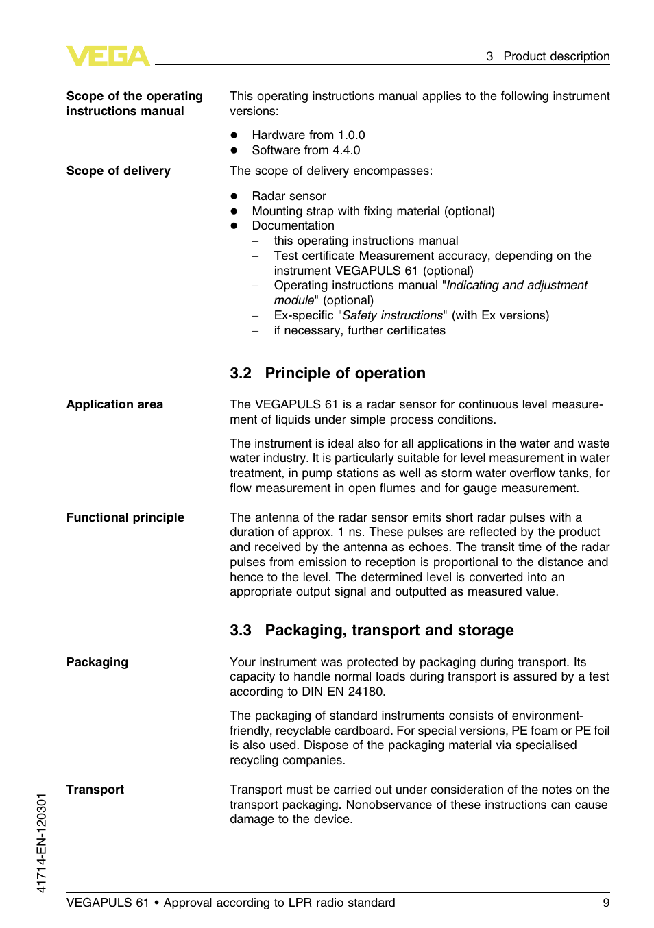 2 principle of operation, 3 packaging, transport and storage | VEGA VEGAPULS 61 (≥ 2.0.0 - ≥ 4.0.0) 4 … 20 mA_HART four-wire Approval according to LPR radio standard User Manual | Page 9 / 80