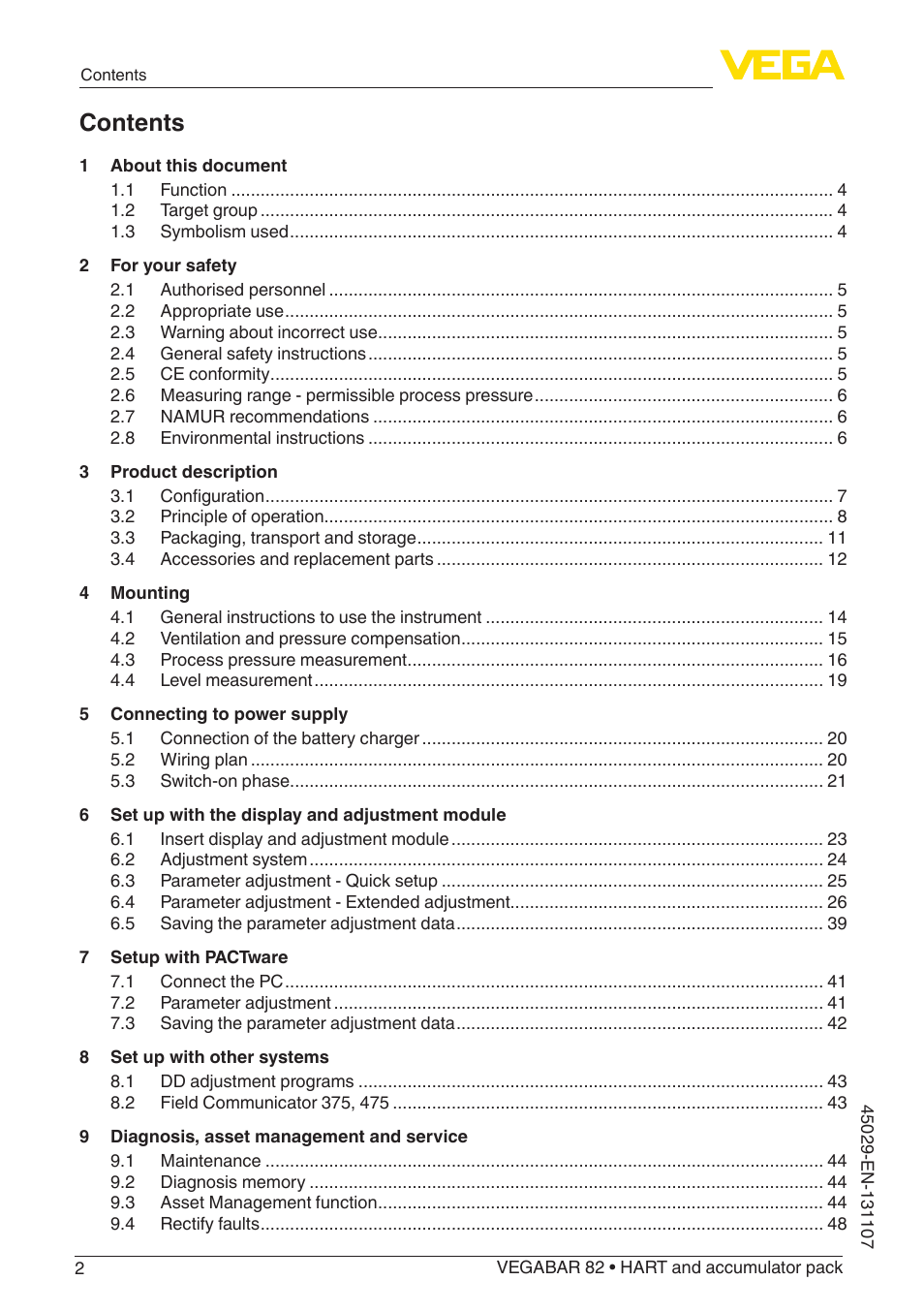 VEGA VEGABAR 82 HART and accumulator pack - Operating Instructions User Manual | Page 2 / 72