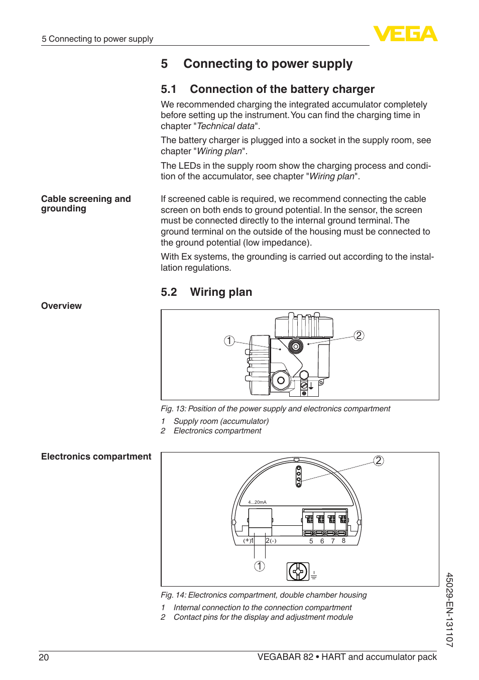 5 connecting to power supply, 1 connection of the battery charger, 2 wiring plan | VEGA VEGABAR 82 HART and accumulator pack - Operating Instructions User Manual | Page 20 / 72