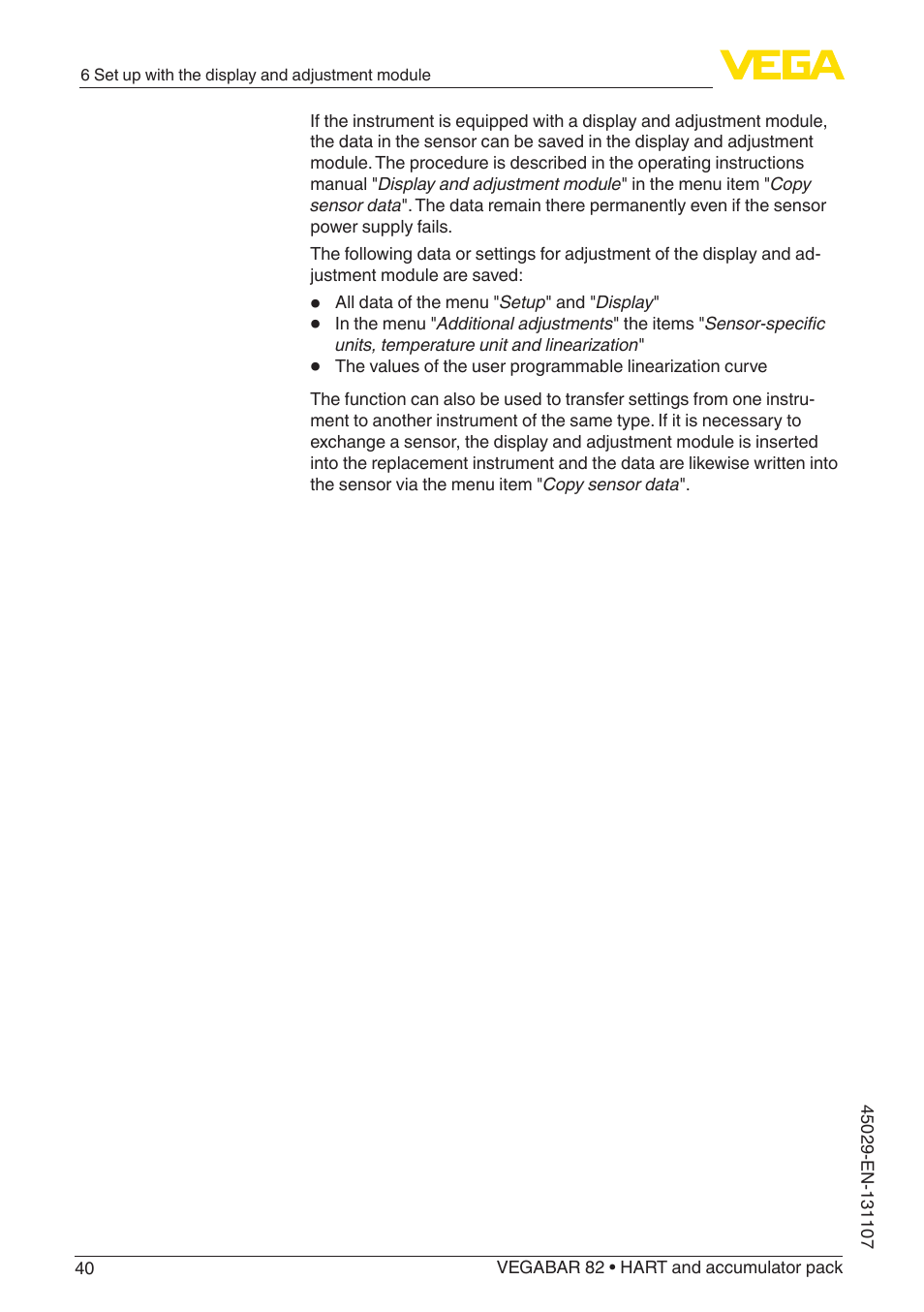VEGA VEGABAR 82 HART and accumulator pack - Operating Instructions User Manual | Page 40 / 72