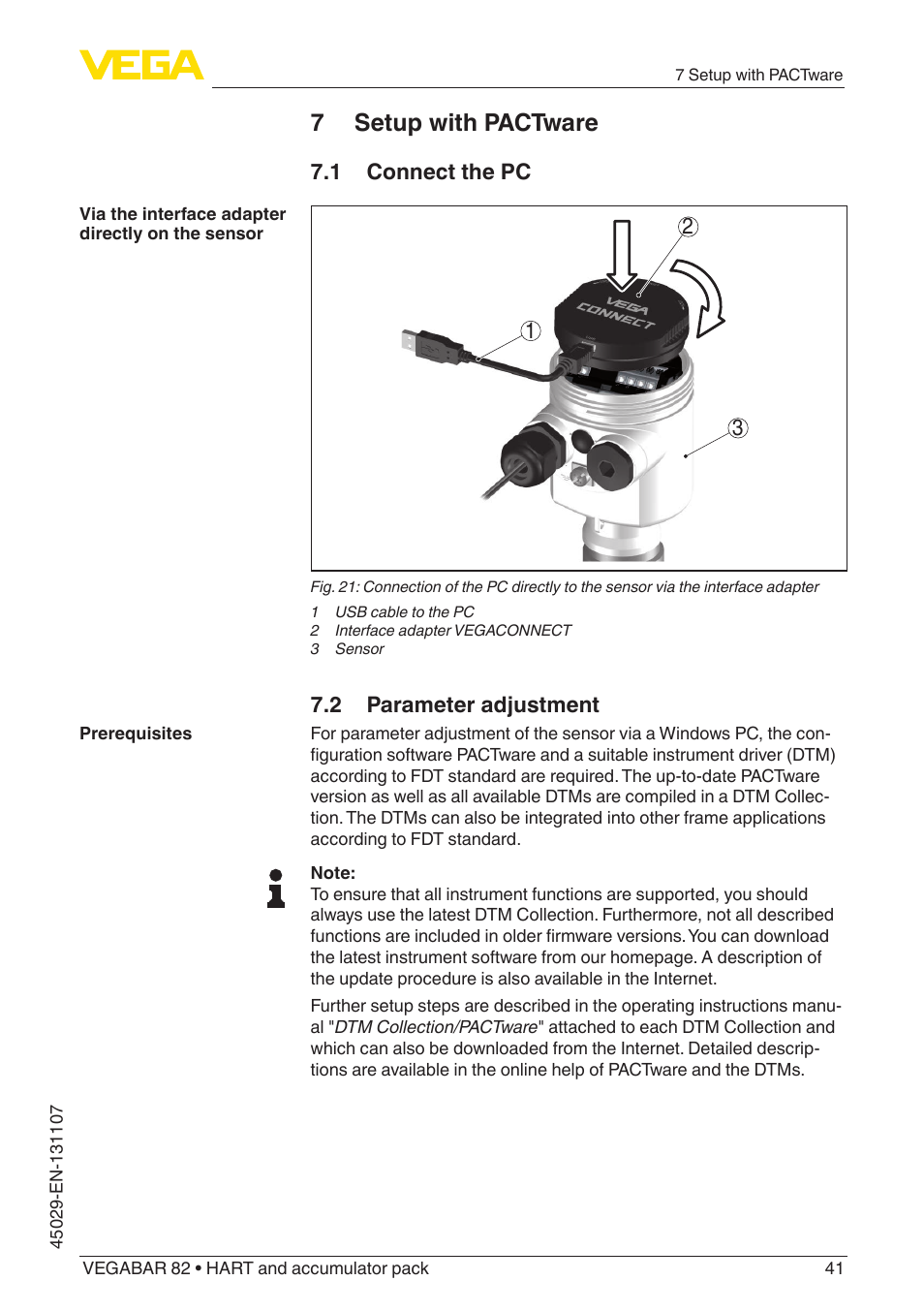 7 setup with pactware, 1 connect the pc, 2 parameter adjustment | VEGA VEGABAR 82 HART and accumulator pack - Operating Instructions User Manual | Page 41 / 72