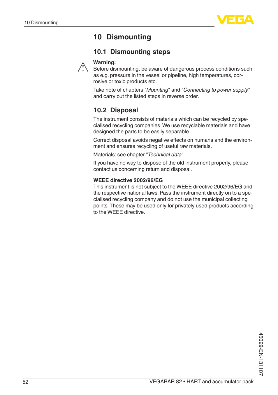 10 dismounting, 1 dismounting steps, 2 disposal | VEGA VEGABAR 82 HART and accumulator pack - Operating Instructions User Manual | Page 52 / 72