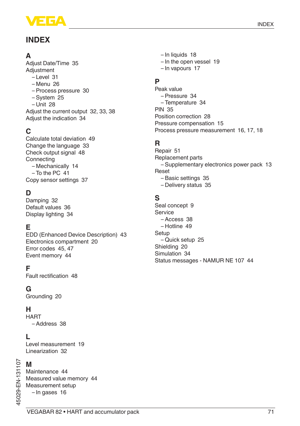 Index | VEGA VEGABAR 82 HART and accumulator pack - Operating Instructions User Manual | Page 71 / 72