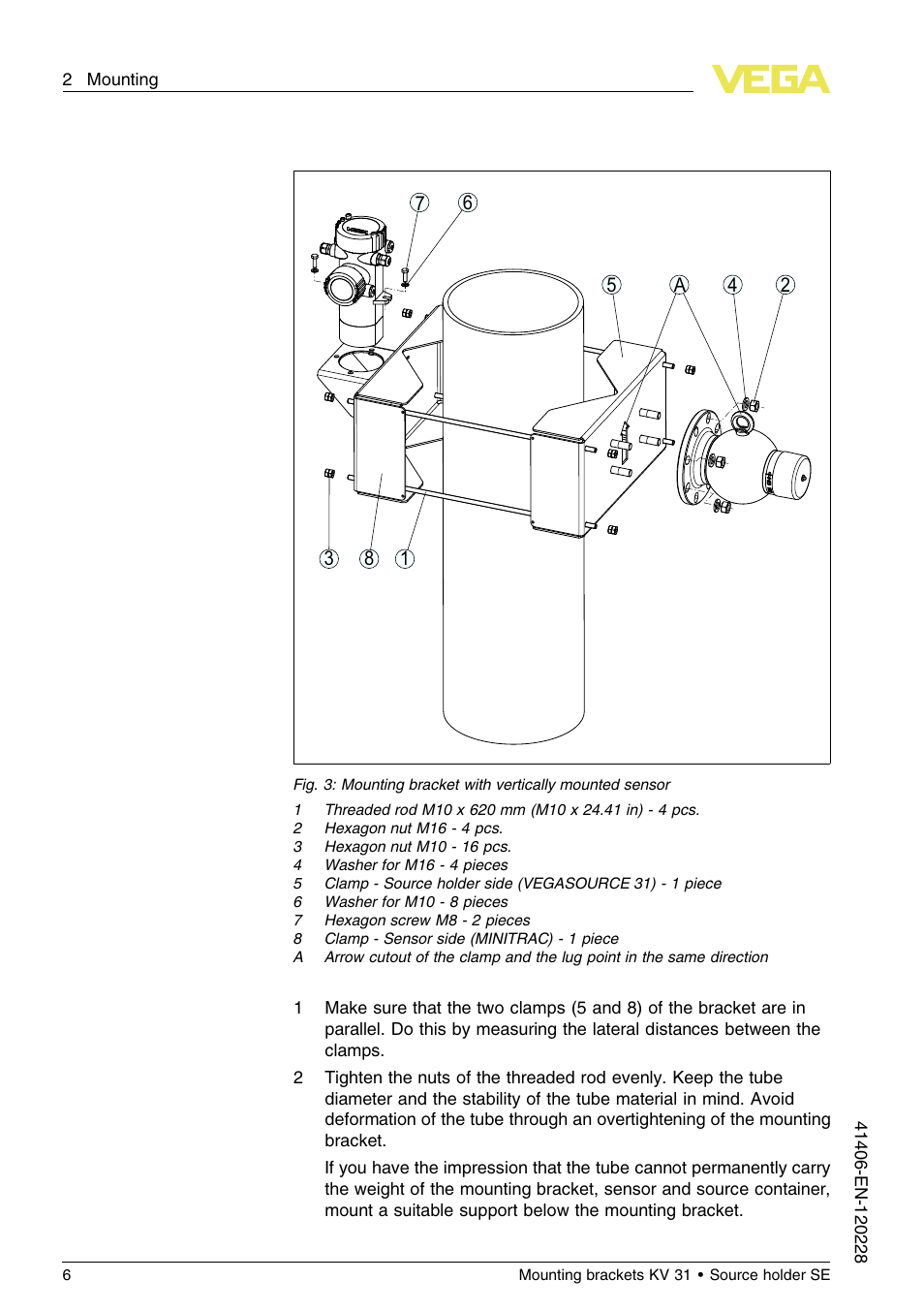 VEGA KV 31 Mounting brackets For tubes with ø 200…400 mm (Vertical sensor mounting) User Manual | Page 6 / 12