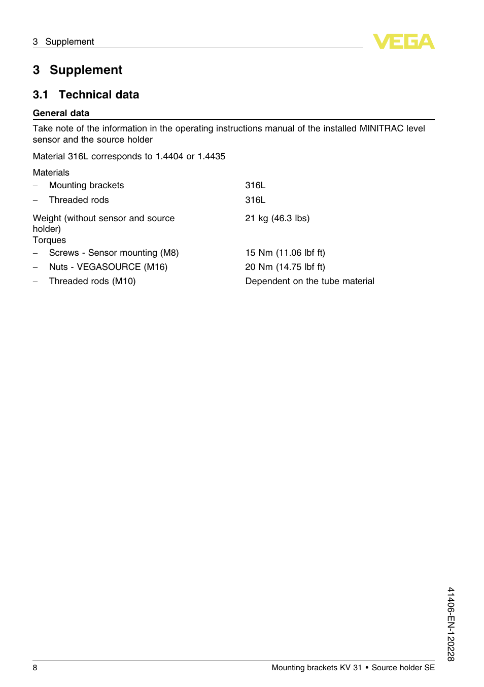 3 supplement, 1 technical data, 3supplement | VEGA KV 31 Mounting brackets For tubes with ø 200…400 mm (Vertical sensor mounting) User Manual | Page 8 / 12