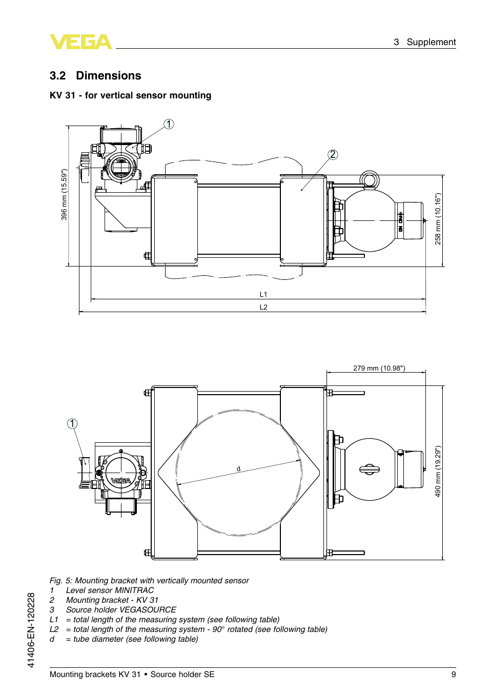 2 dimensions | VEGA KV 31 Mounting brackets For tubes with ø 200…400 mm (Vertical sensor mounting) User Manual | Page 9 / 12