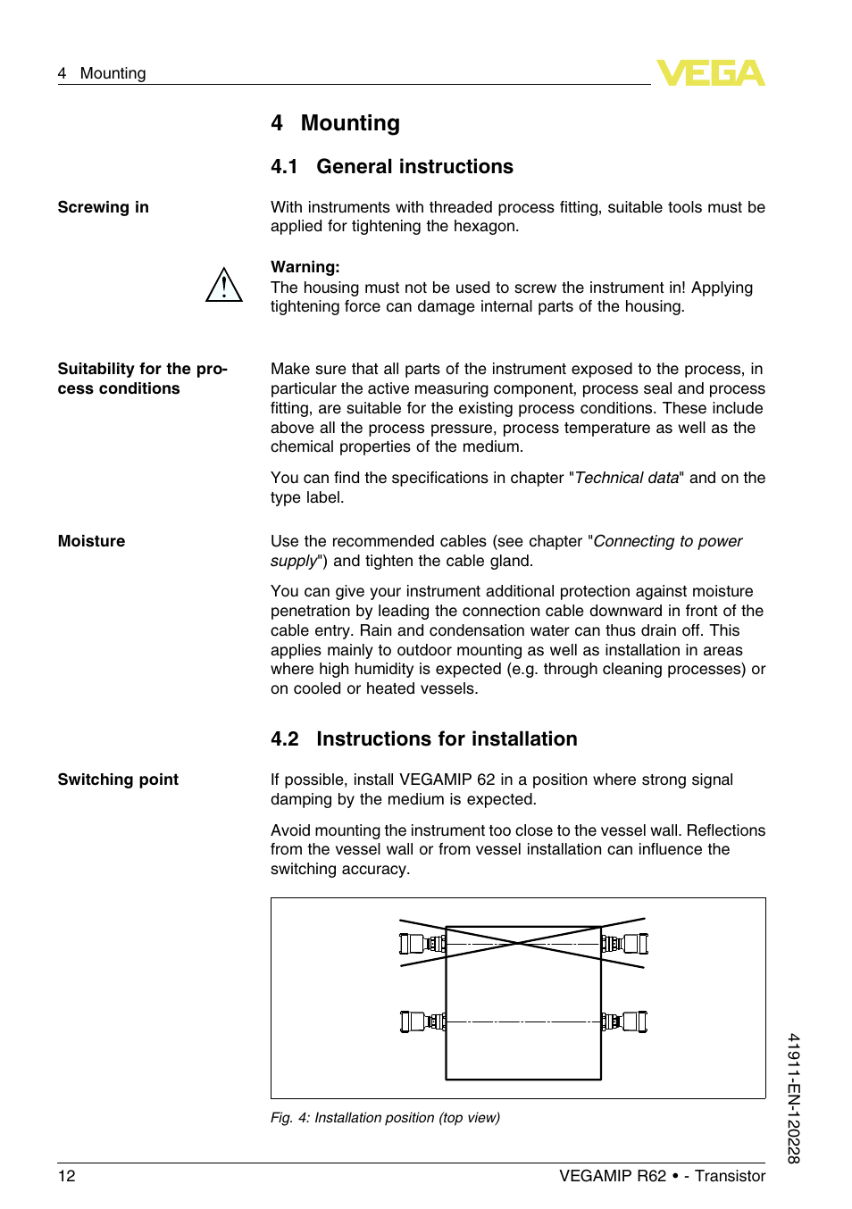 4 mounting, 1 general instructions, 2 instructions for installation | 4mounting | VEGA VEGAMIP R62 Receiving unit - Transistor User Manual | Page 12 / 52