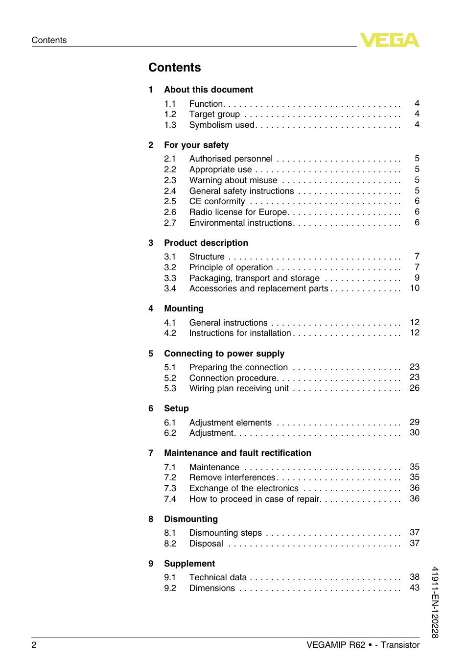 VEGA VEGAMIP R62 Receiving unit - Transistor User Manual | Page 2 / 52