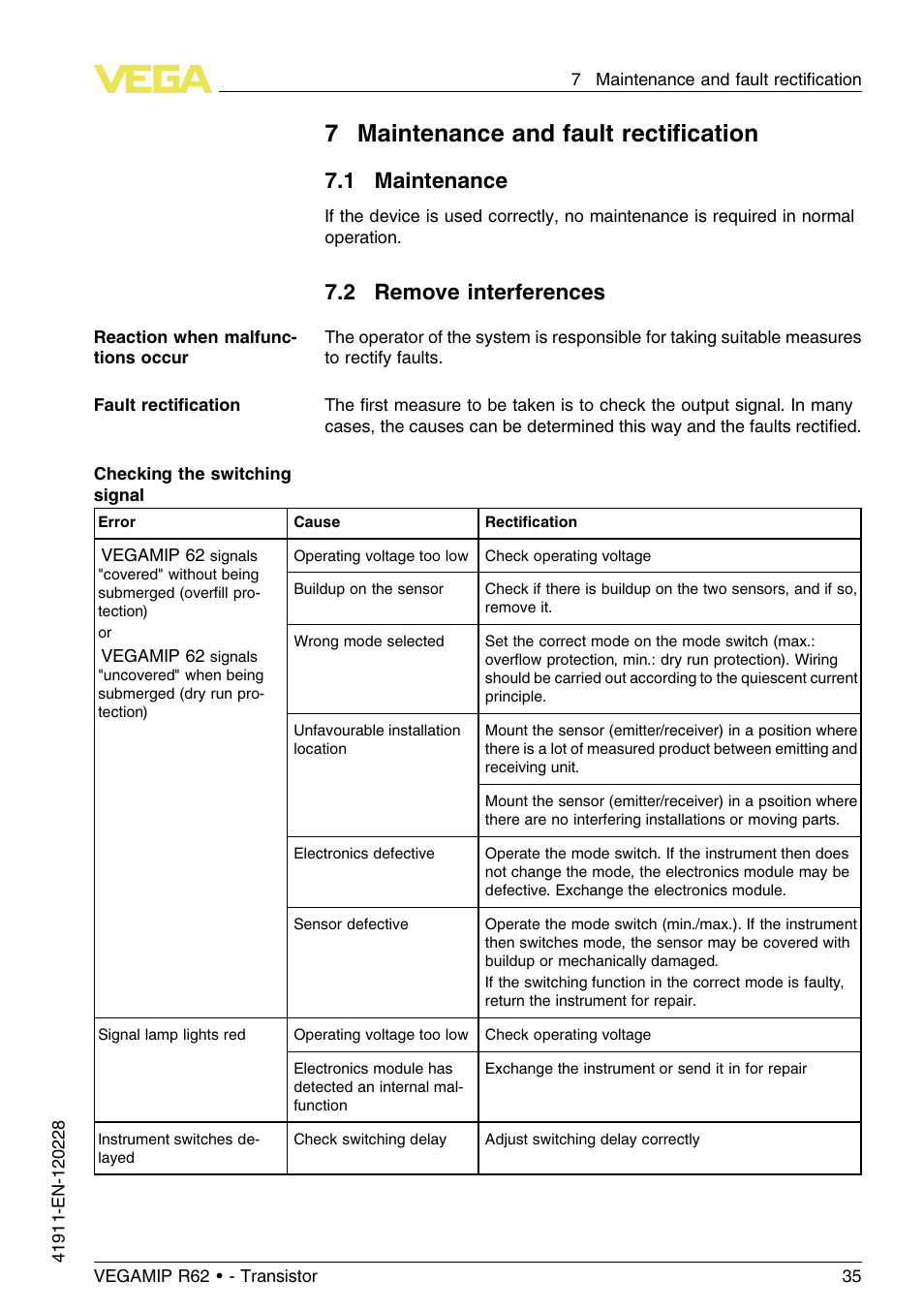 7 maintenance and fault rectification, 1 maintenance, 2 remove interferences | 7maintenance and fault rectiﬁcation | VEGA VEGAMIP R62 Receiving unit - Transistor User Manual | Page 35 / 52