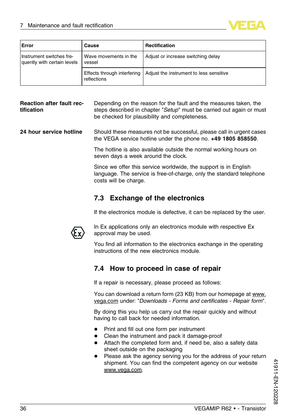 3 exchange of the electronics, 4 how to proceed in case of repair | VEGA VEGAMIP R62 Receiving unit - Transistor User Manual | Page 36 / 52