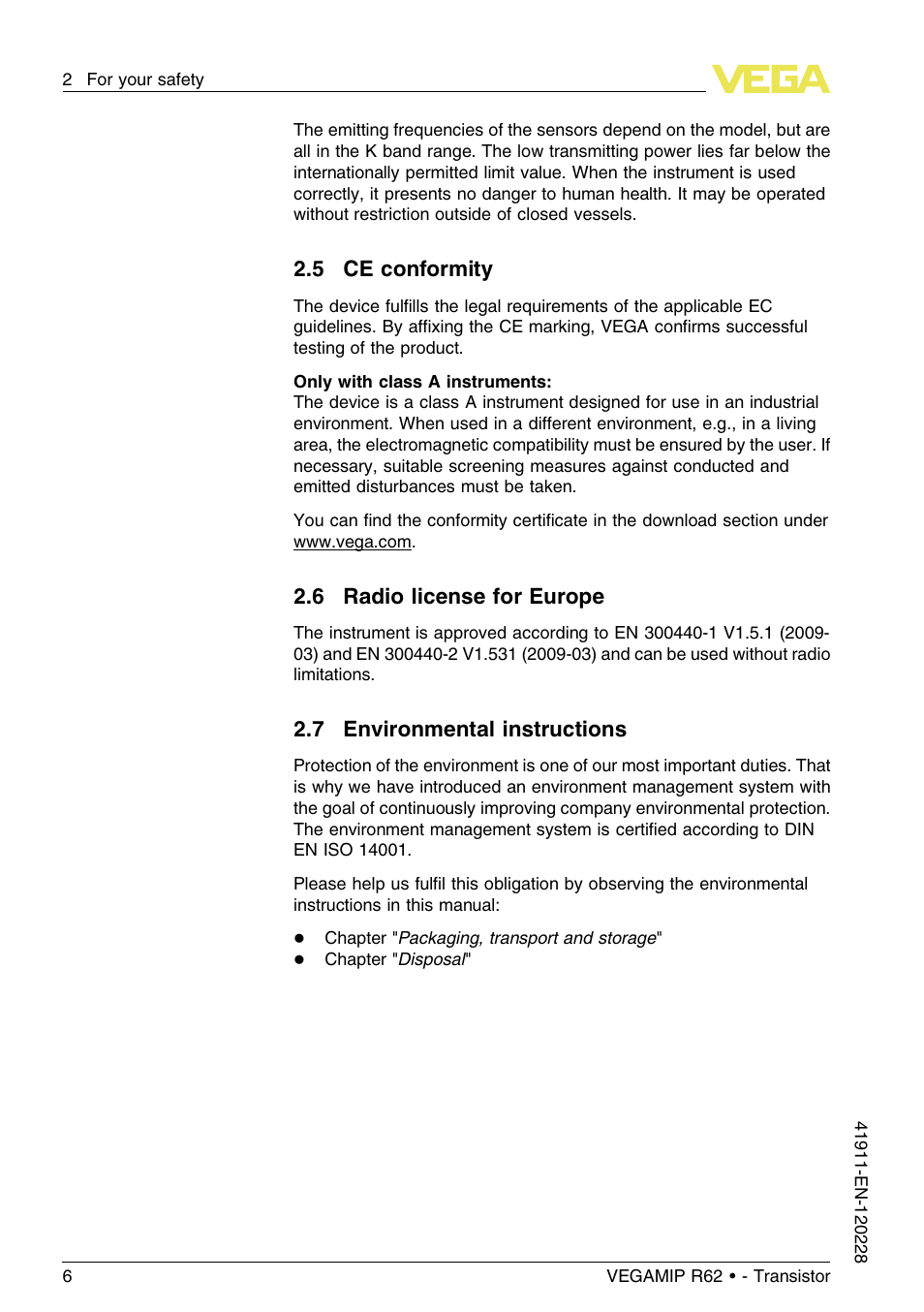 6 radio license for europe, 7 environmental instructions | VEGA VEGAMIP R62 Receiving unit - Transistor User Manual | Page 6 / 52