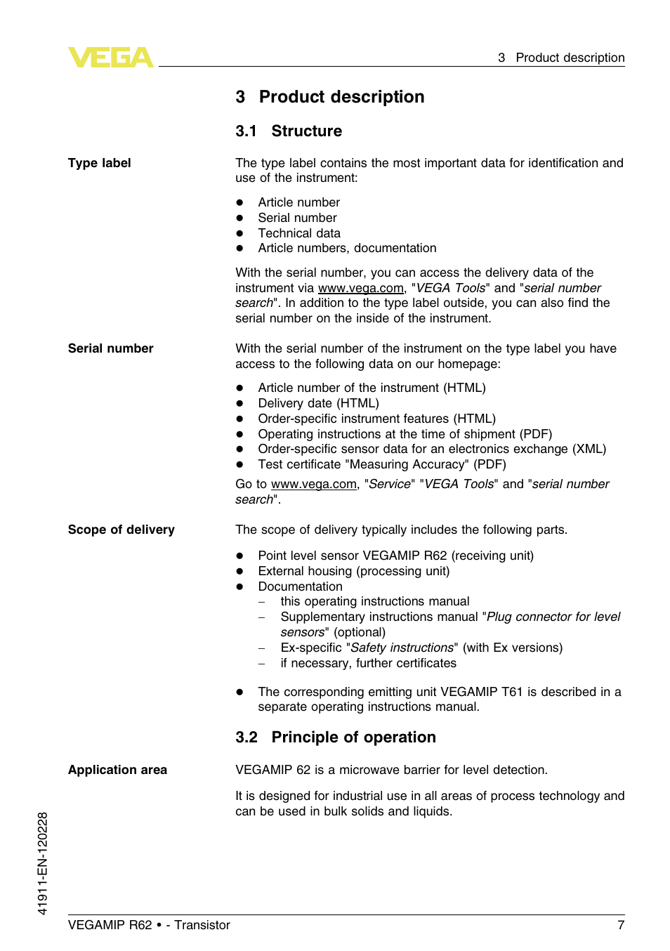 3 product description, 1 structure, 2 principle of operation | 3product description | VEGA VEGAMIP R62 Receiving unit - Transistor User Manual | Page 7 / 52
