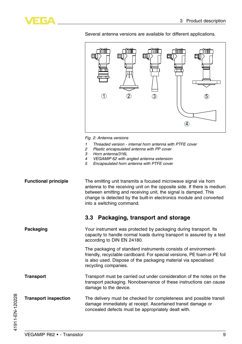 3 packaging, transport and storage | VEGA VEGAMIP R62 Receiving unit - Transistor User Manual | Page 9 / 52