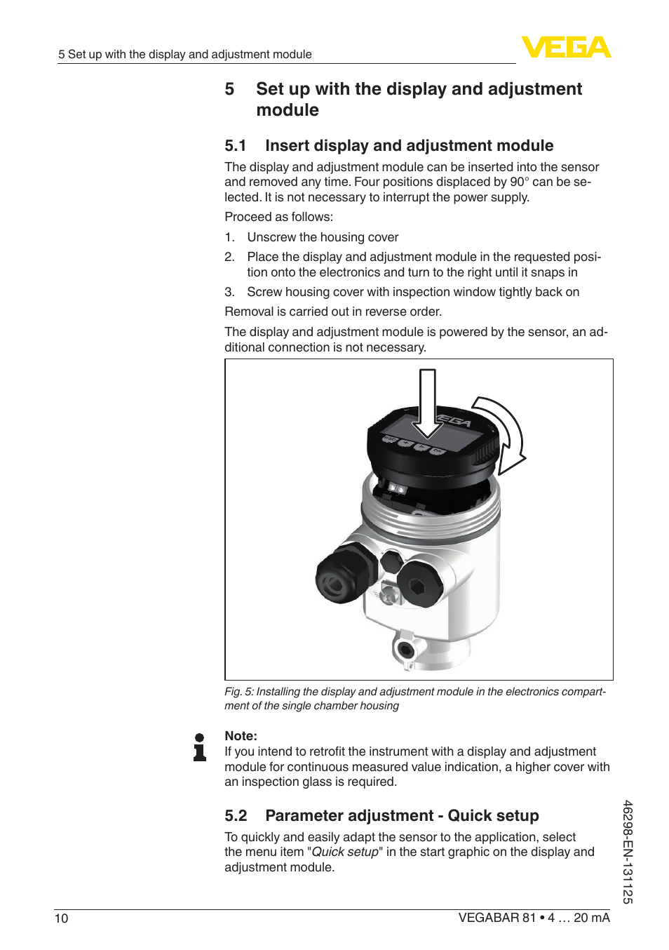 5 set up with the display and adjustment module, 1 insert display and adjustment module, 2 parameter adjustment - quick setup | VEGA VEGABAR 81 4 … 20 mA - Quick setup guide User Manual | Page 10 / 16