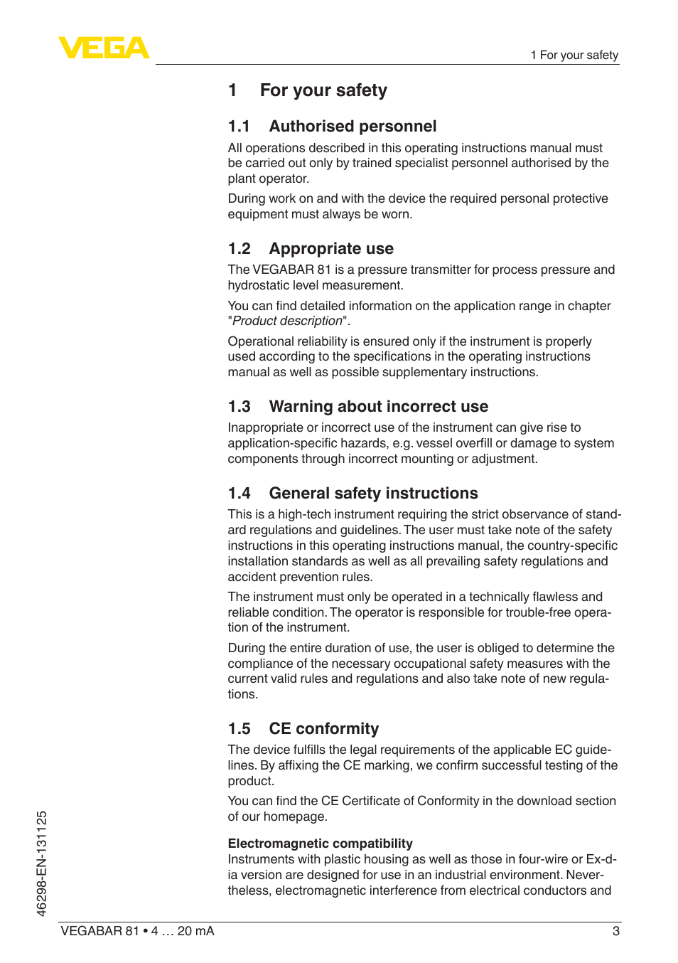 1 for your safety, 1 authorised personnel, 2 appropriate use | 3 warning about incorrect use, 4 general safety instructions, 5 ce conformity | VEGA VEGABAR 81 4 … 20 mA - Quick setup guide User Manual | Page 3 / 16