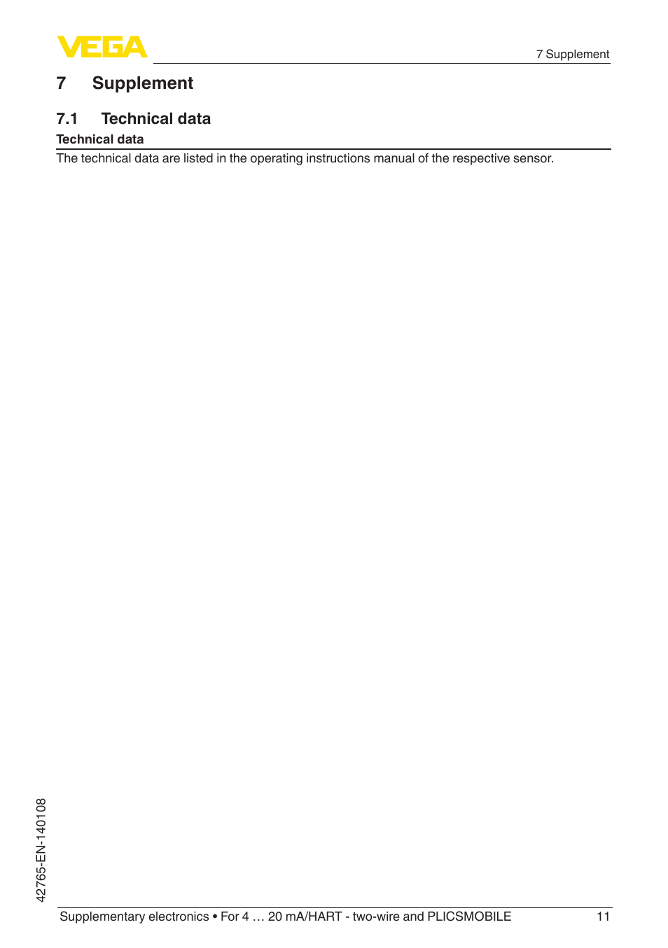 7 supplement, 1 technical data | VEGA Supplementary electronics For 4 … 20 mA_HART - two-wire and PLICSMOBILE User Manual | Page 11 / 12