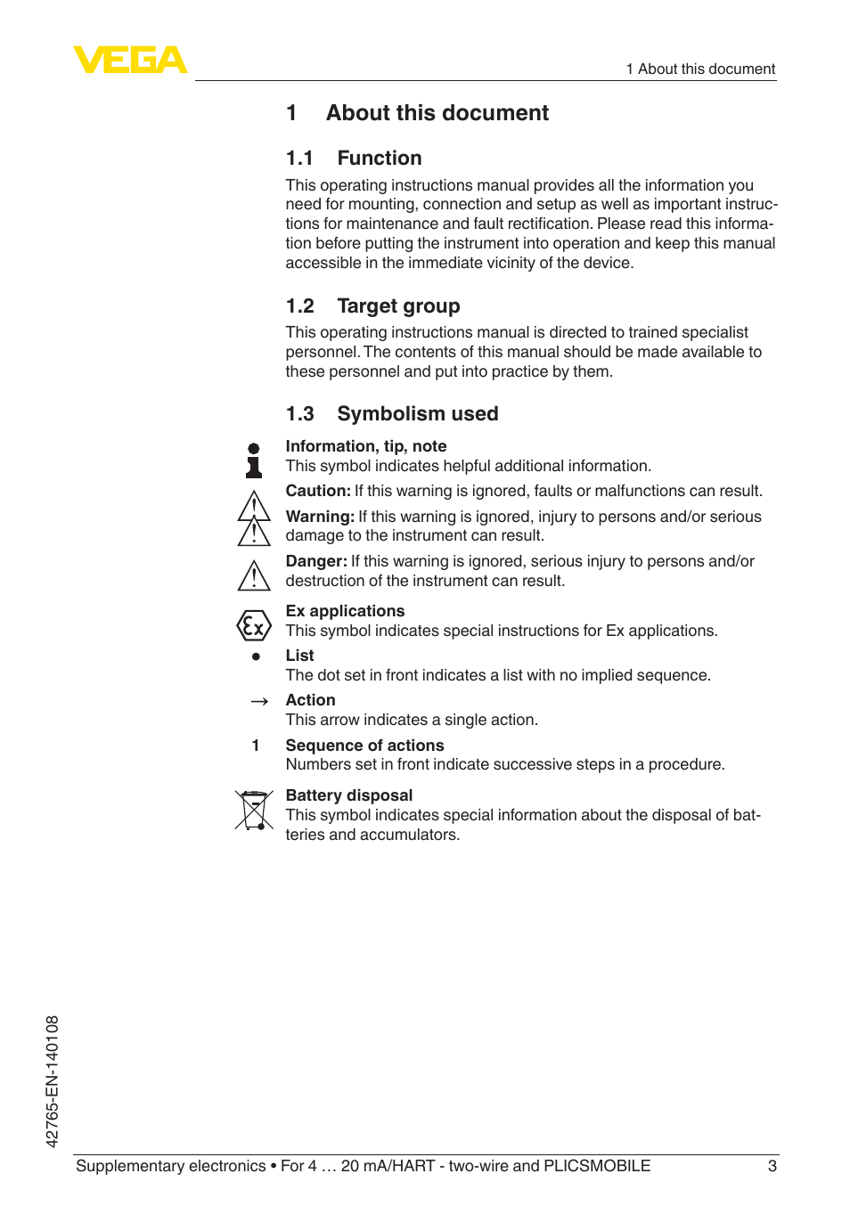 1 about this document, 1 function, 2 target group | 3 symbolism used | VEGA Supplementary electronics For 4 … 20 mA_HART - two-wire and PLICSMOBILE User Manual | Page 3 / 12