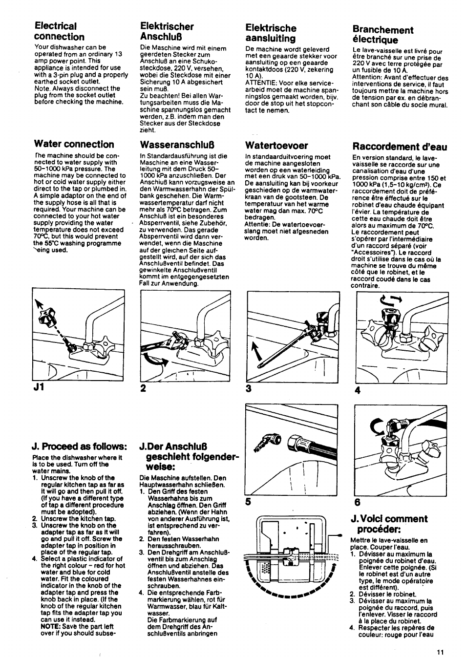 Electrical, Connection, Water connection | Elektrischer, Anschluß, Wasseranschluß, Elektrische, Aansluiting, Watertoevoer, Branchement | Electrolux BD 46 User Manual | Page 11 / 12