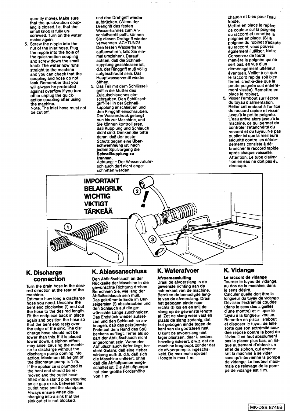 Important, Belangrijk, Wichtig | Viktigt, Tärkeää, K. discharge connection, K. vidange, Mk-dsb 8746b | Electrolux BD 46 User Manual | Page 12 / 12