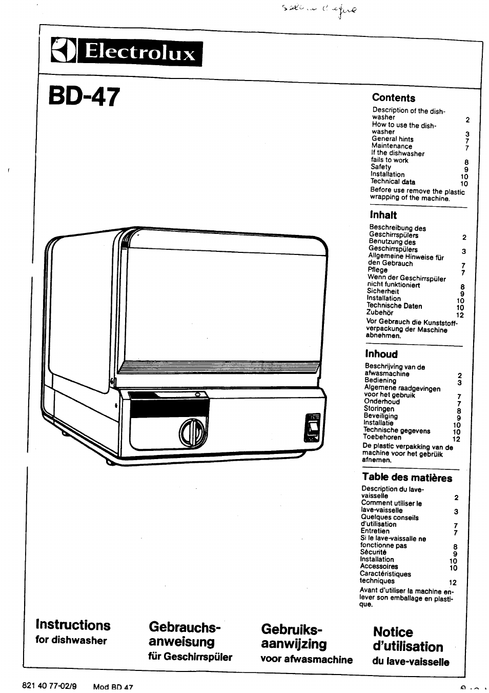 Gebrauchs, Anweisung, Gebruiks | Aanwijzing, 821 40 77-02/9 mod bd 47, Electrolux, Bd-47, Instructions, Gebrauchs­ anweisung, Gebruiks- aanwijzing | Electrolux BD 46 User Manual | Page 7 / 12