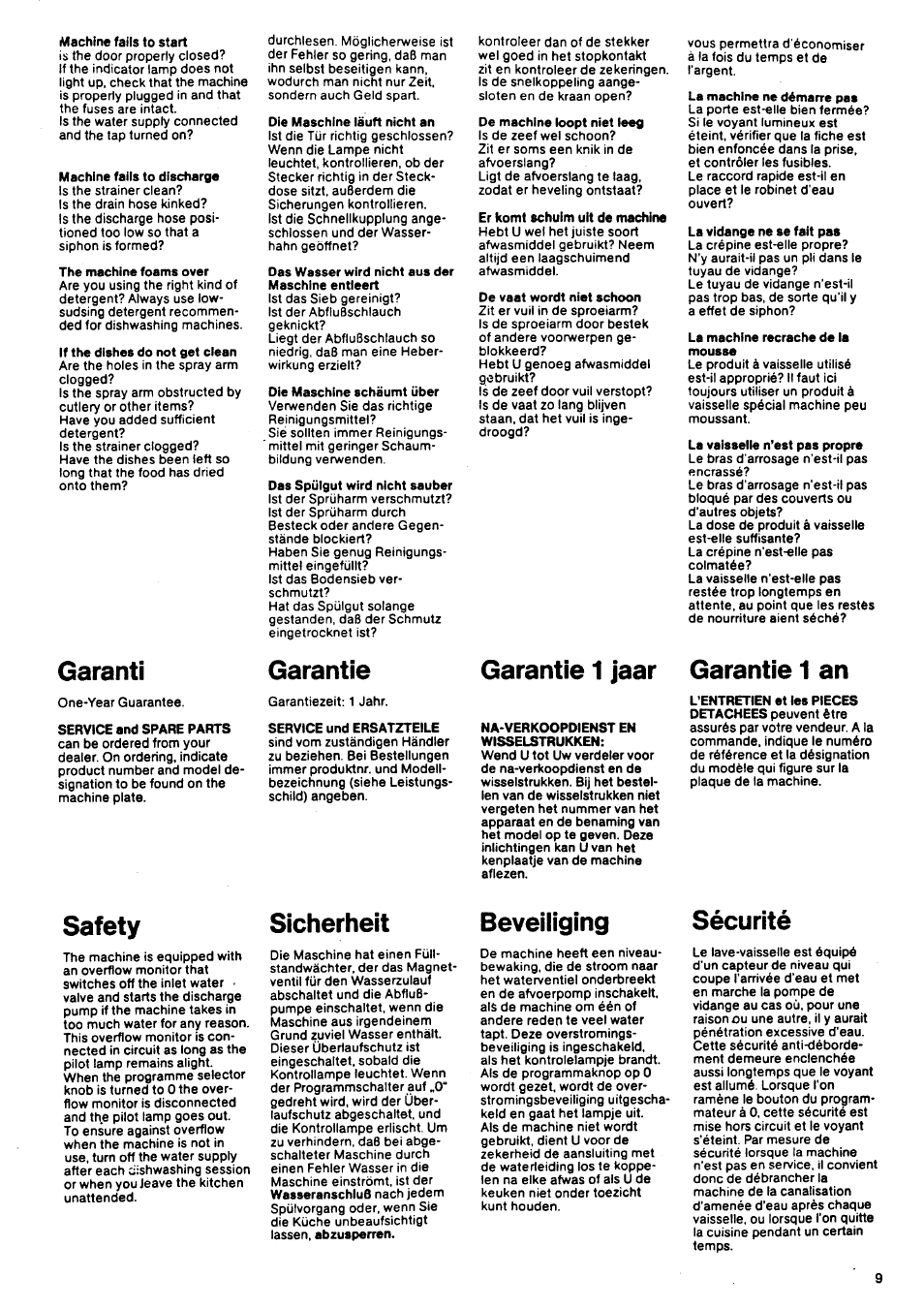Garantì, Garantie, Safety | Sicherheit, Beveiiiging, Sécurité, Beveiliging, Garantie 1 jaar garantie 1 an | Electrolux BD 46 User Manual | Page 9 / 12