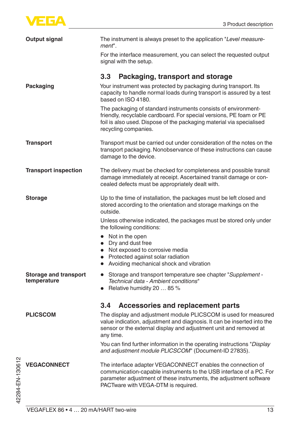 3 packaging, transport and storage, 4 accessories and replacement parts | VEGA VEGAFLEX 86 4 … 20 mA_HART two-wire Coax probe User Manual | Page 13 / 92