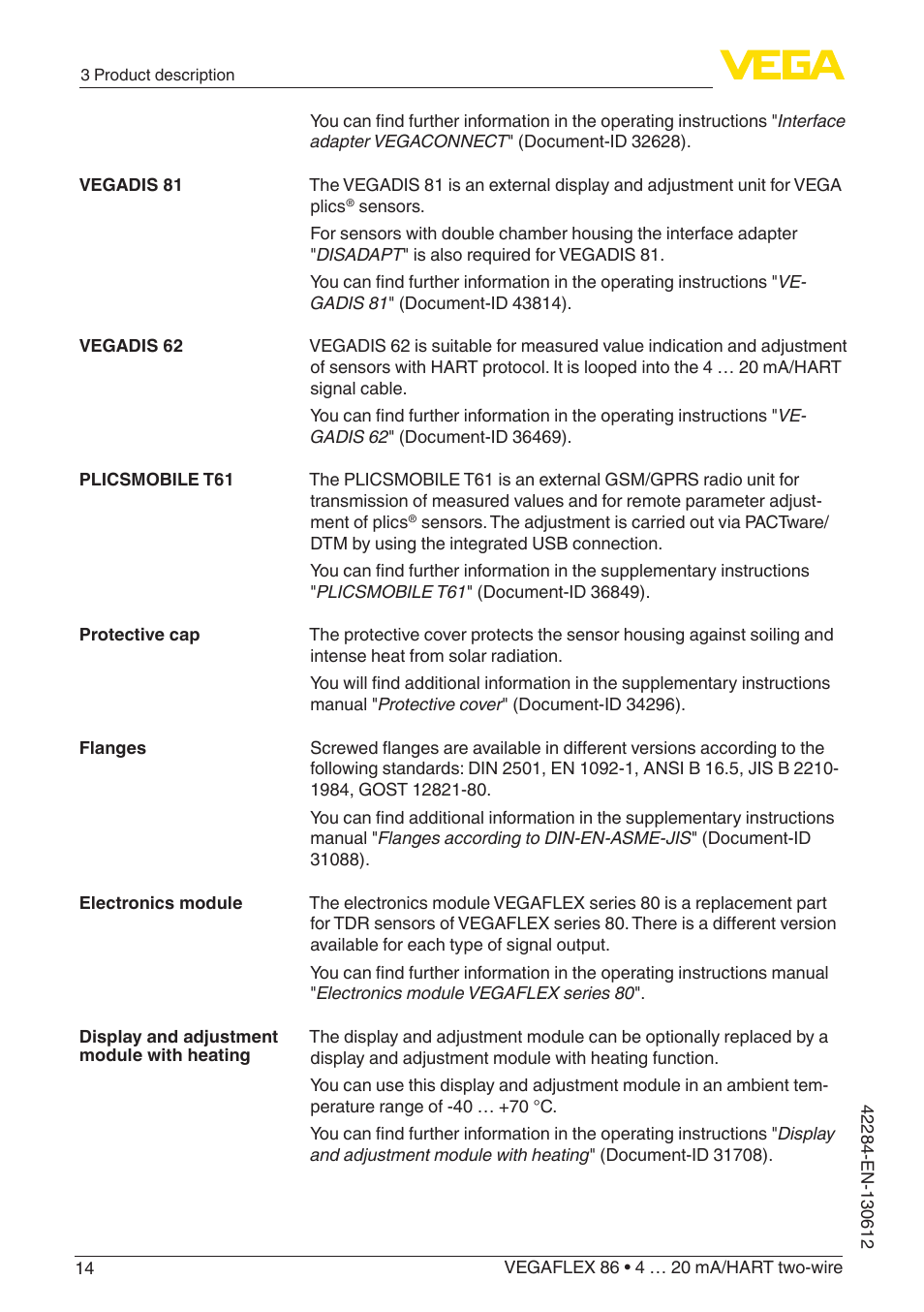 VEGA VEGAFLEX 86 4 … 20 mA_HART two-wire Coax probe User Manual | Page 14 / 92