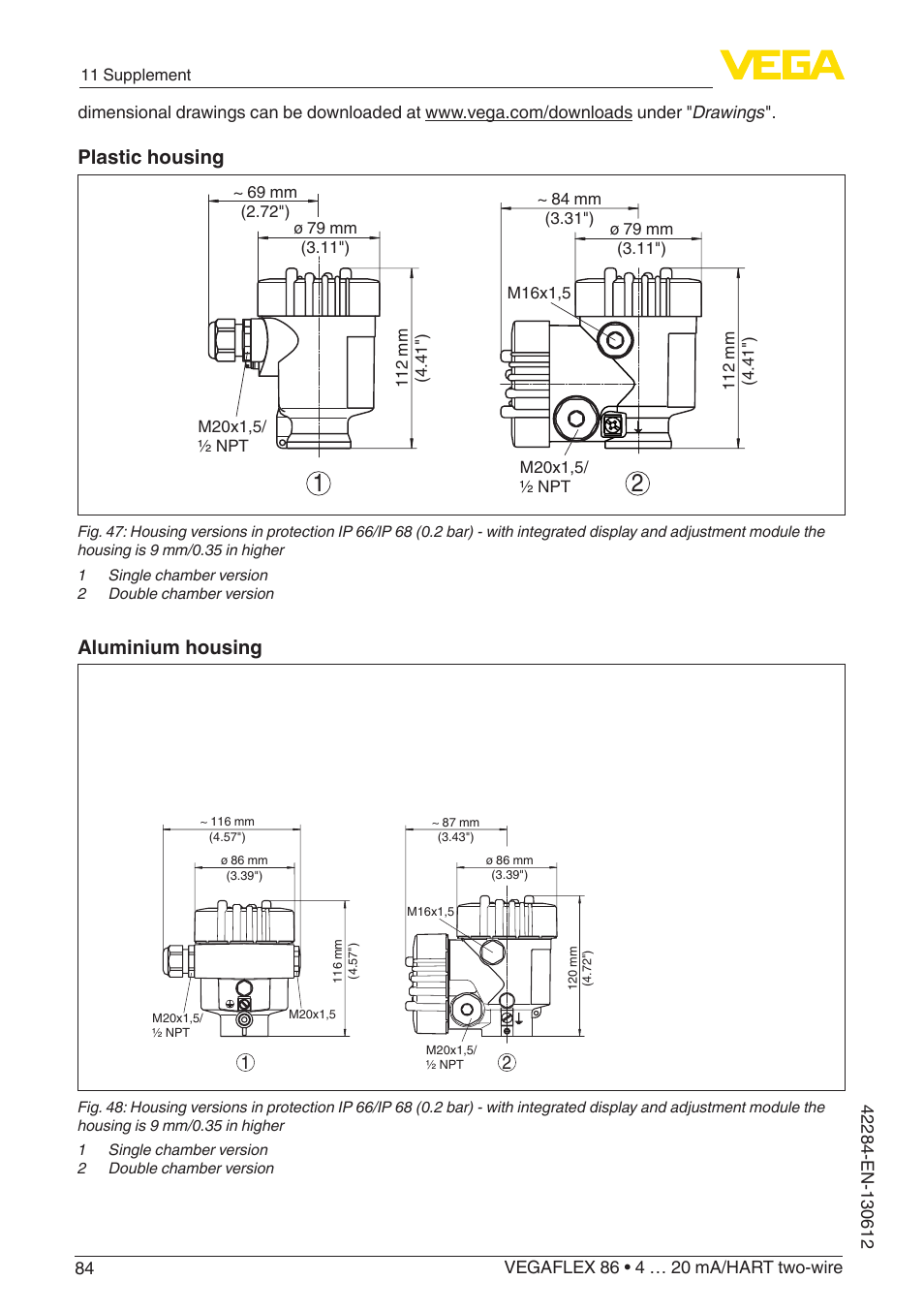 Plastic housing, Aluminium housing | VEGA VEGAFLEX 86 4 … 20 mA_HART two-wire Coax probe User Manual | Page 84 / 92