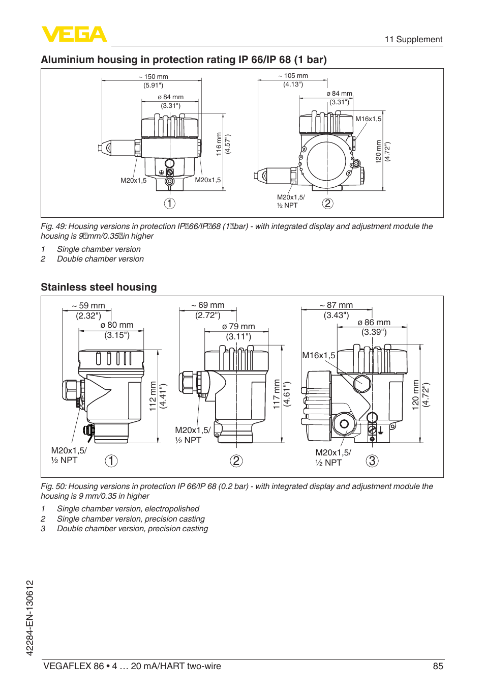Stainless steel housing | VEGA VEGAFLEX 86 4 … 20 mA_HART two-wire Coax probe User Manual | Page 85 / 92