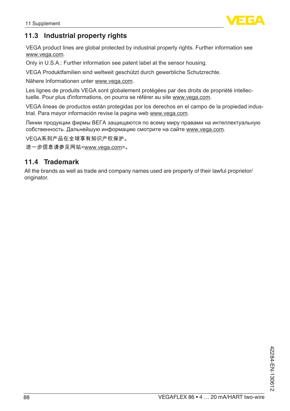 3 industrial property rights, 4 trademark | VEGA VEGAFLEX 86 4 … 20 mA_HART two-wire Coax probe User Manual | Page 88 / 92