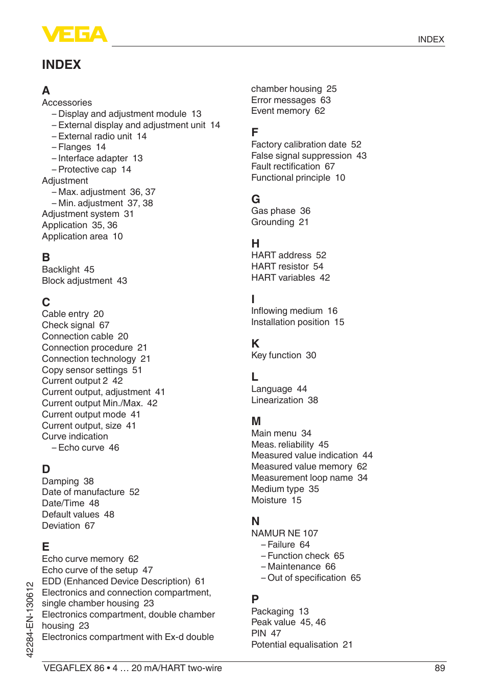 Index | VEGA VEGAFLEX 86 4 … 20 mA_HART two-wire Coax probe User Manual | Page 89 / 92