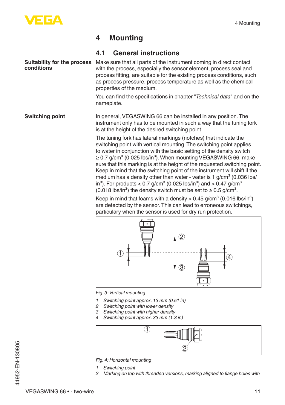 4 mounting, 1 general instructions | VEGA VEGASWING 66 - two-wire With SIL qualification User Manual | Page 11 / 44